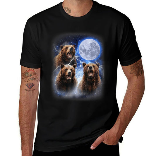 Three Grizzly Bears Howl at Moon Starry Mountain Forest Bear  Fade-proof Color T-Shirt