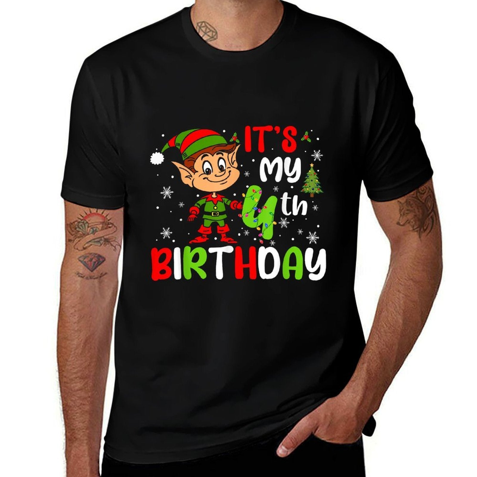 Its My 4th Birthday Christmas Elf 4 Years Old Birthday  Ribbed Collar T-Shirt