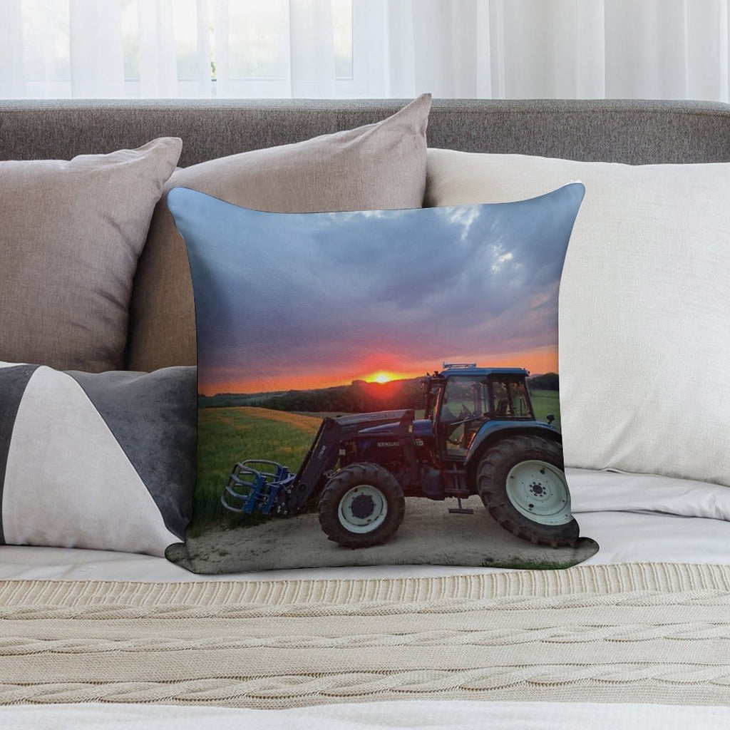 New Holland Tractor at Sunset Soft Short Plush Fabric Throw Pillow