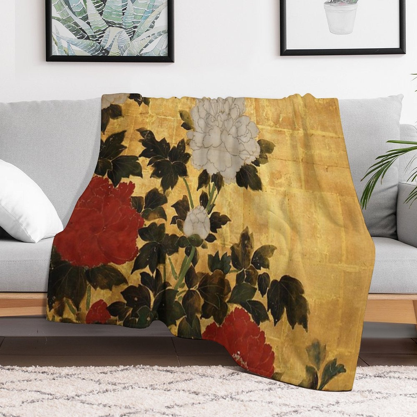 Vintage Japanese Floral Gold Leaf Screen With Wisteria And Peonies Versatility Throw Blanket