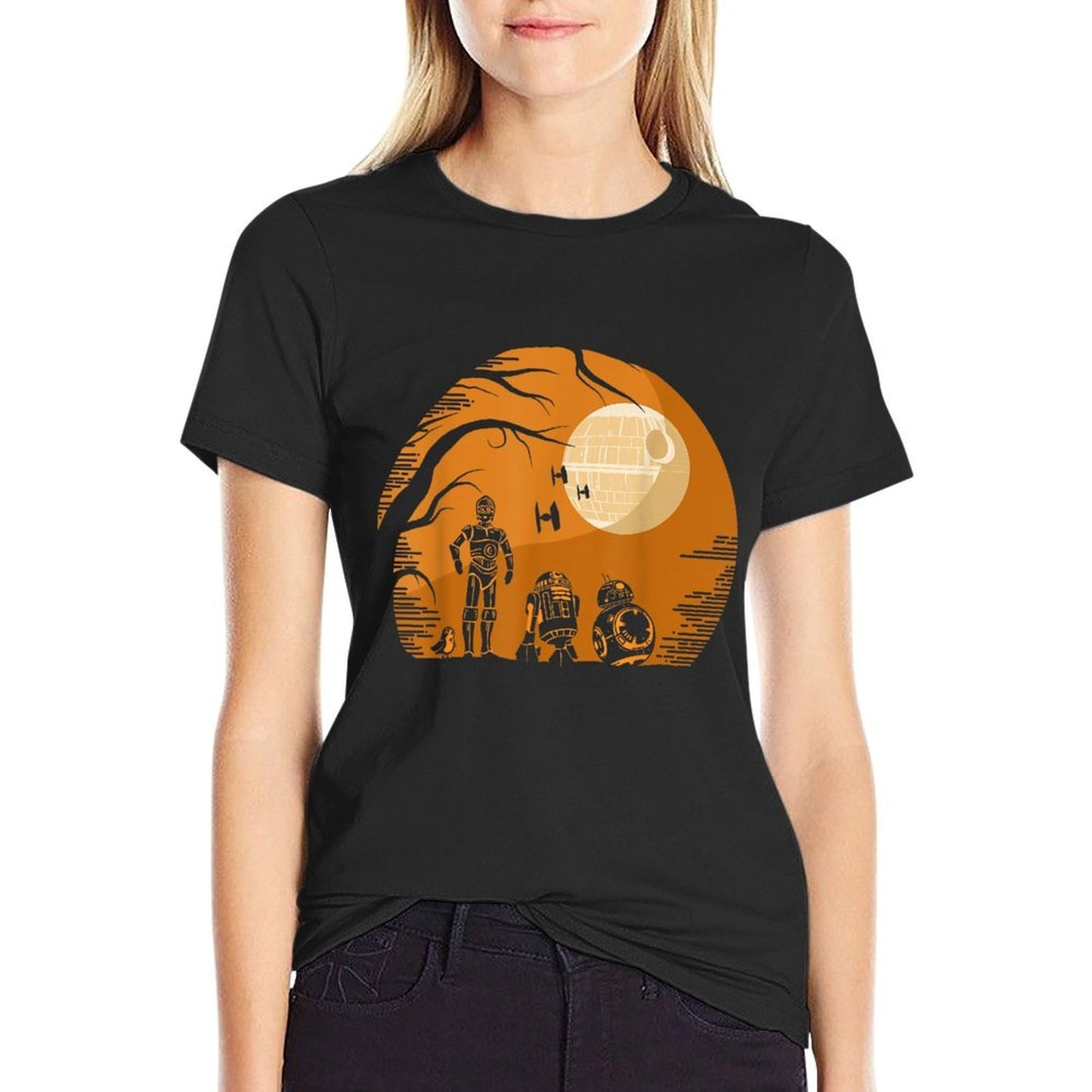 Star Wars Droids Halloween Orange Hue Death Star Portrait  Trendy Pattern T-Shirt