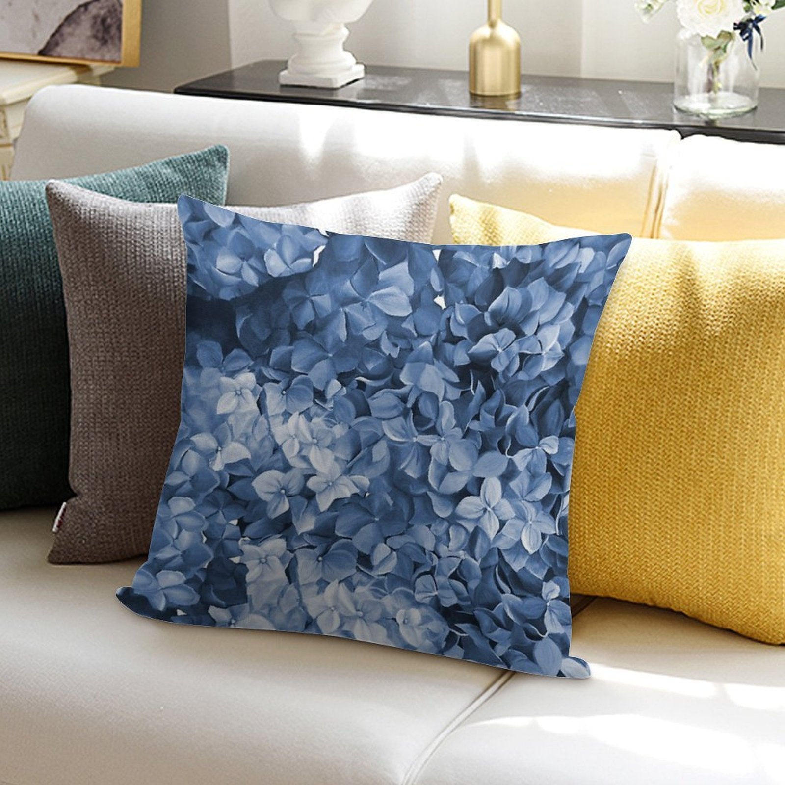 Hydrangea Hamptons Blue Soft High-Density Material Throw Pillow