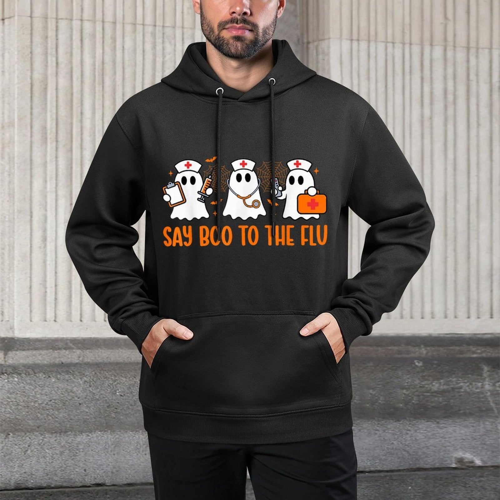 Funny Nurse Ghost Halloween Vaccine Say Boo to The Flu Cotton-Polyester Blend Hoodie