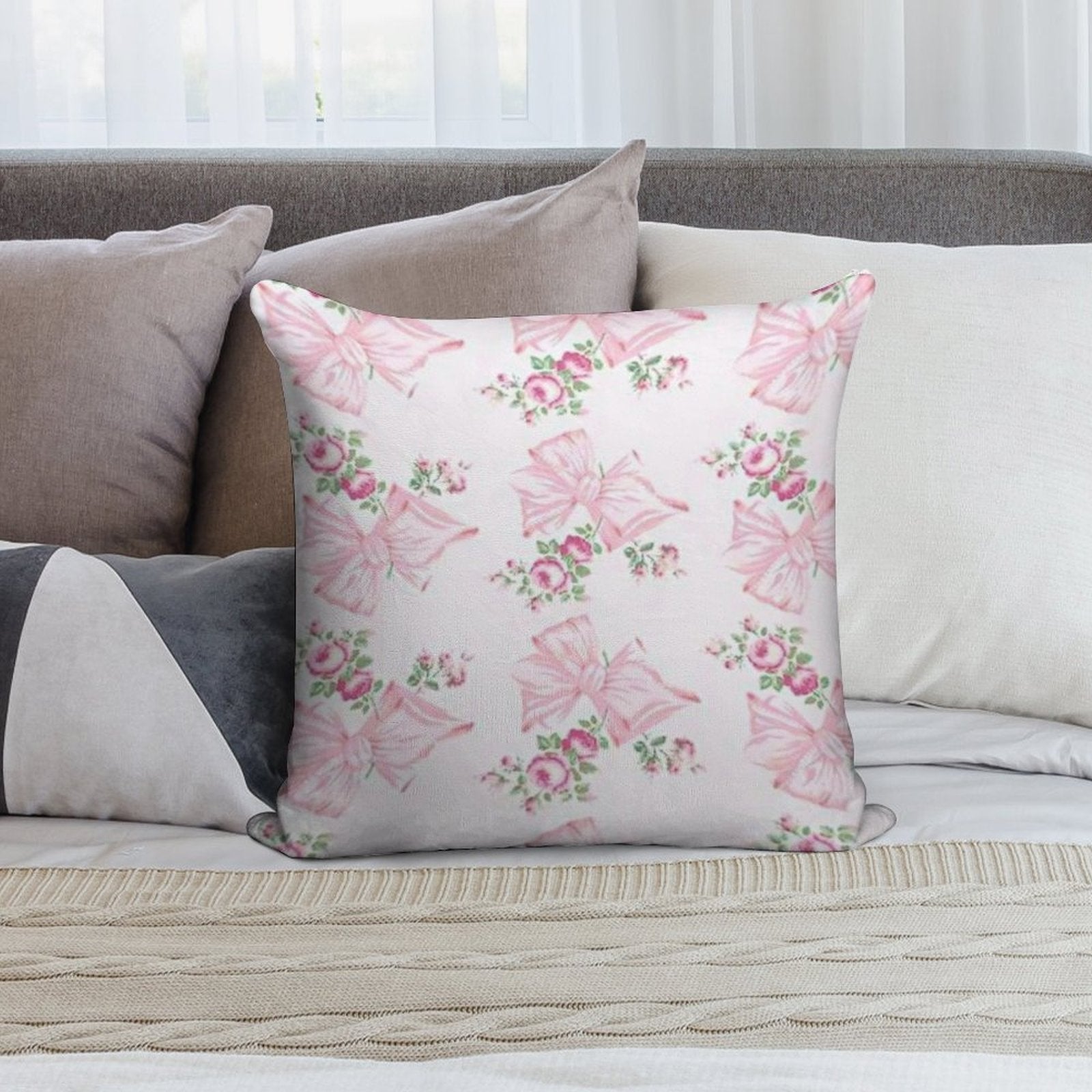 Coquette Floral Bow Pattern Soft Luxury Feel Throw Pillow