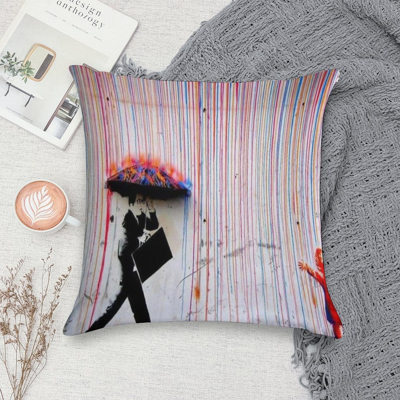 Banksy Rainbow Rain Soft Style Accent Throw Pillow