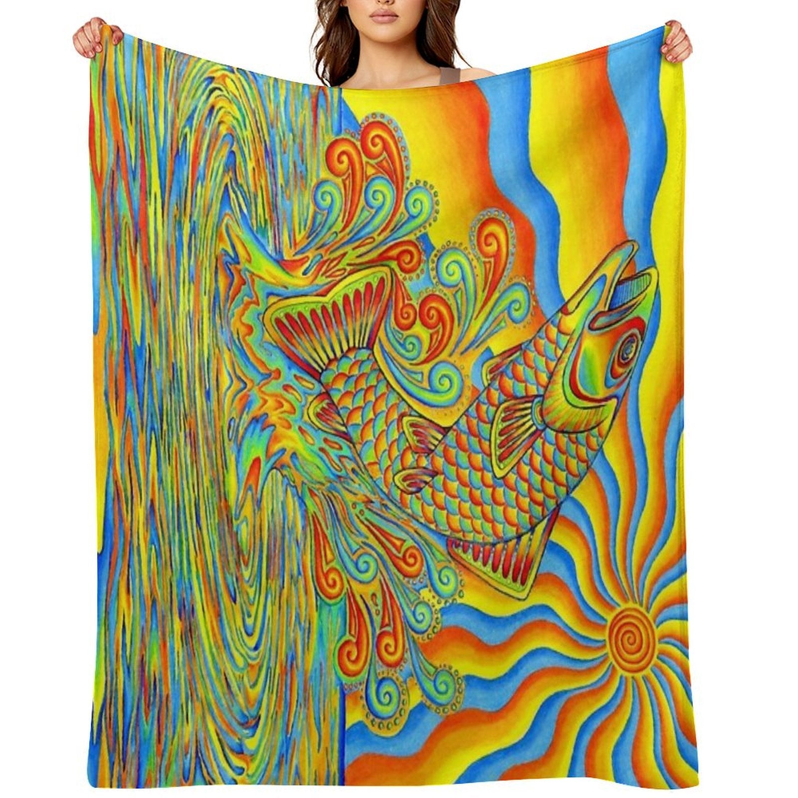 Psychedelic Rainbow Trippy Trout Fish Velvety-soft Throw Blanket