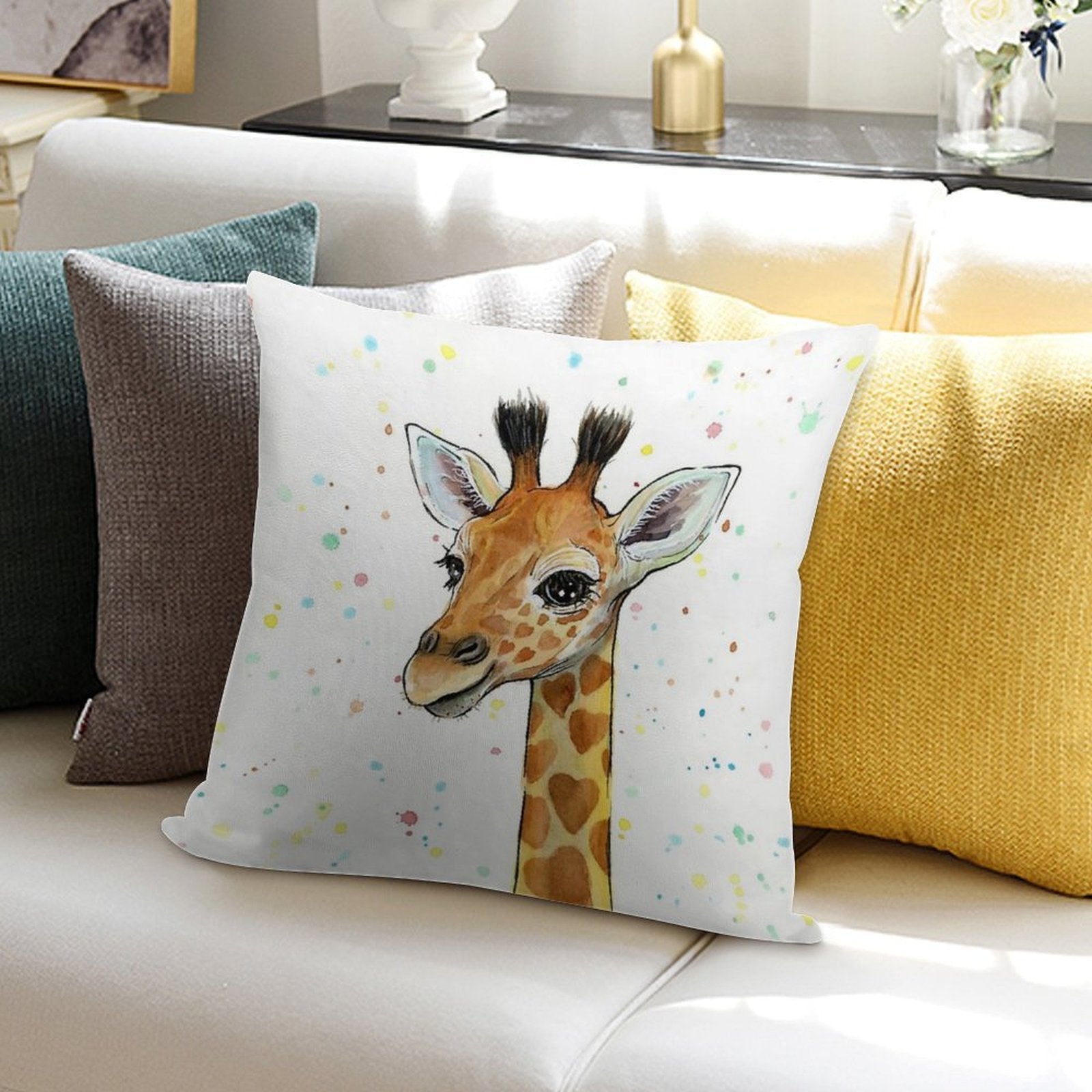 Baby Giraffe with Hearts Watercolor Animal Soft Gift Ready Throw Pillow