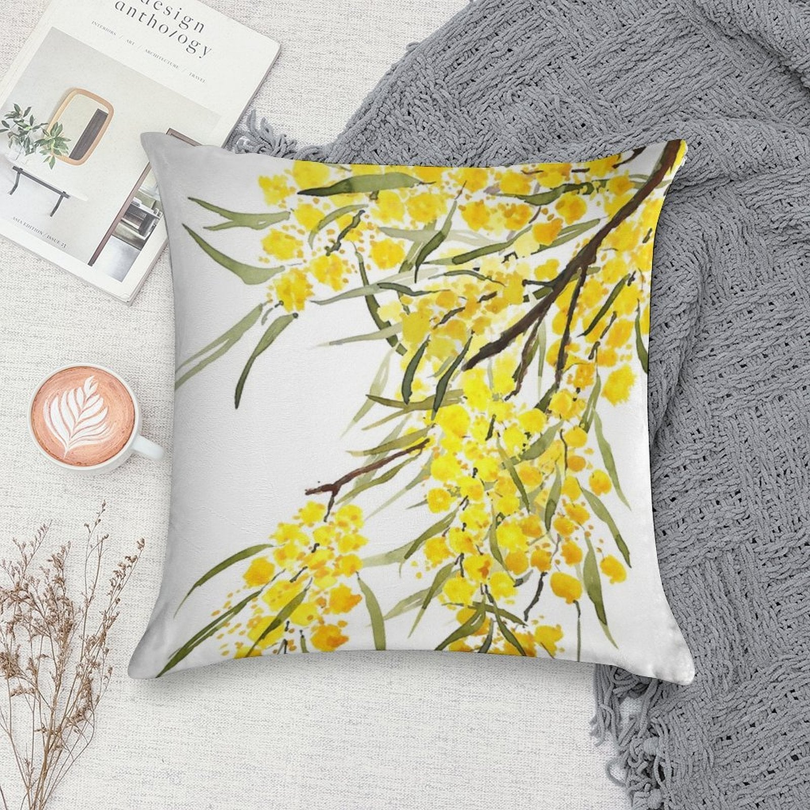 Hand Painted Golden Wattle Flower Watercolor Soft Multiple Sizes Throw Pillow