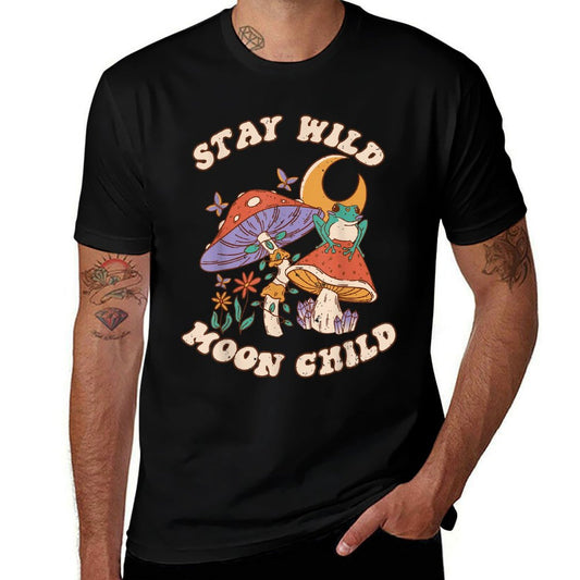 Vintage Retro Stay Wild Moon Child Frog Mushroom Hippie  Rolled Sleeves T-Shirt