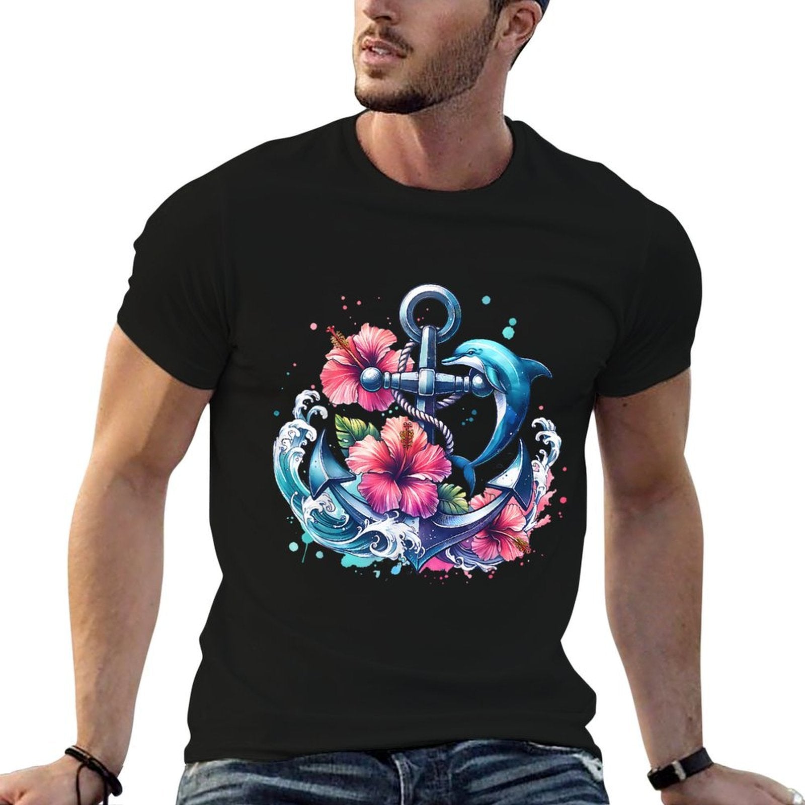 Watercolor Floral Anchor Dolphin Nautical Sea Animal Summer  Breathable T-Shirt