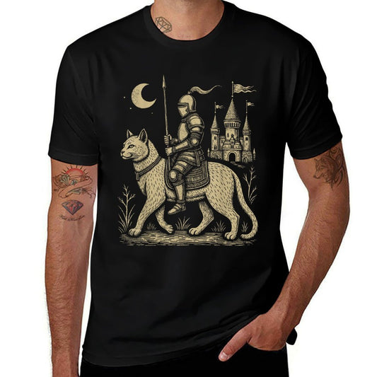 Weird Medieval Cat Middle Ages Armored Knight Riding Cat  Relaxed-fit T-Shirt