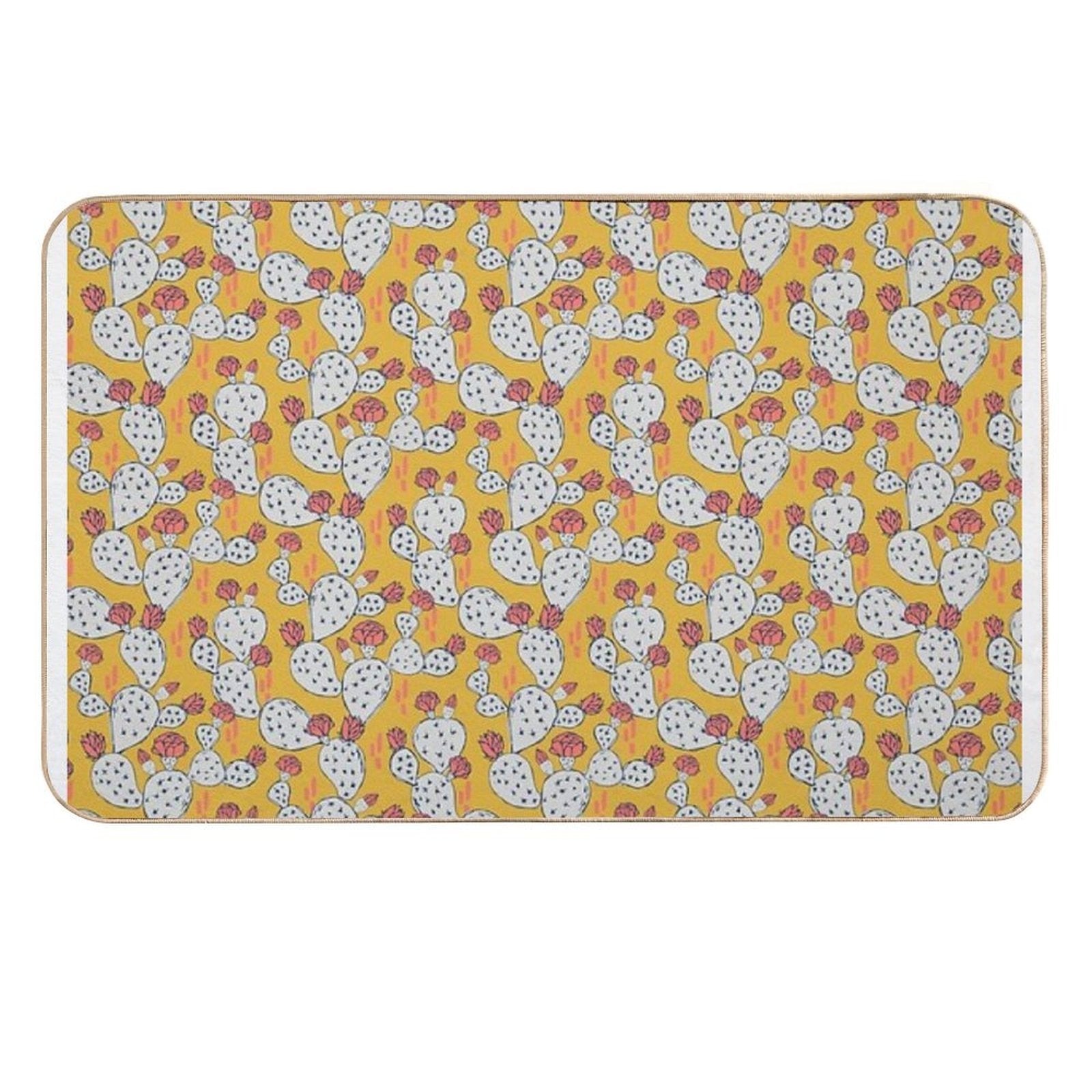 Coral Flowering Cactus on Mustard Yellow  Multi-Purpose Bath Mat