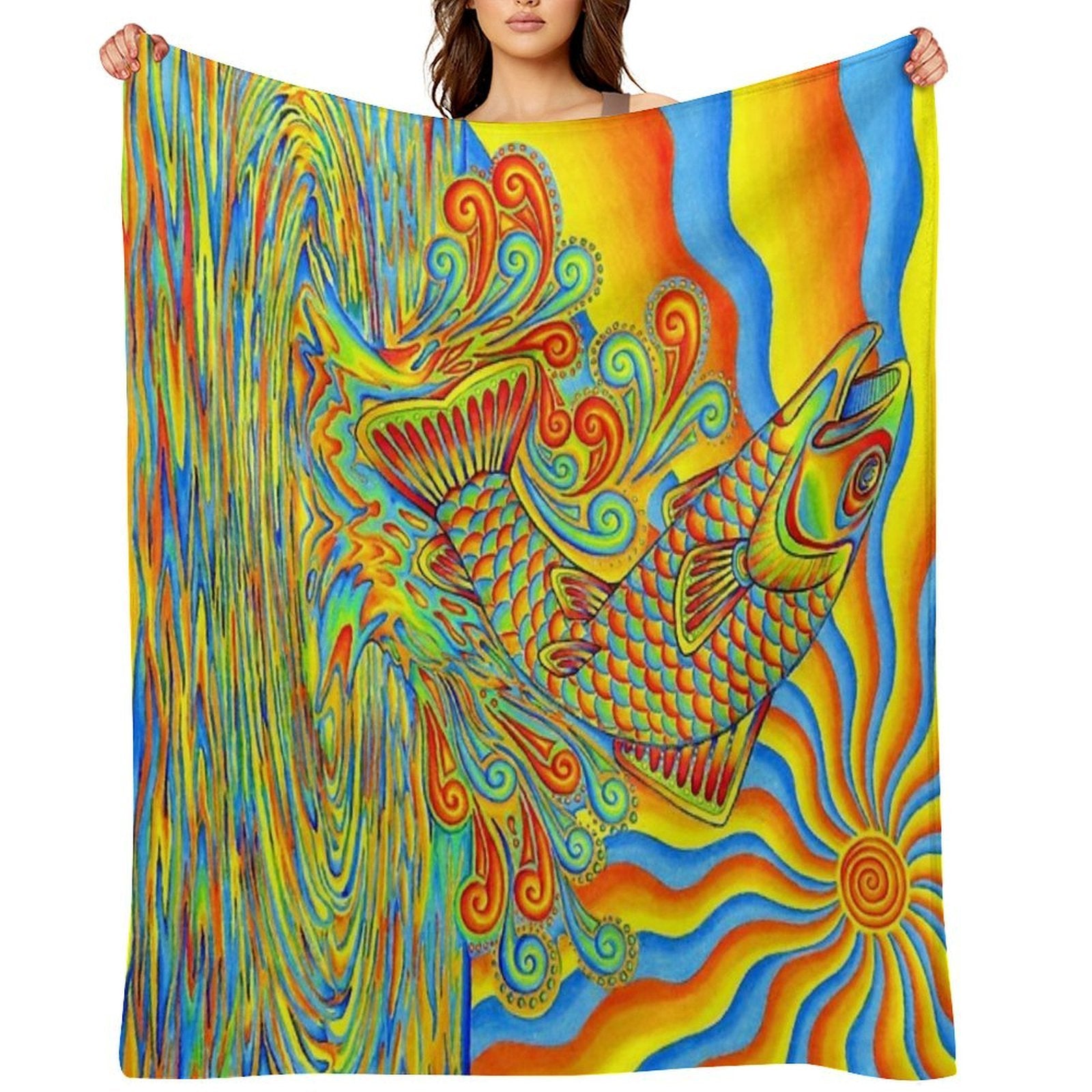 Psychedelic Rainbow Trippy Trout Fish Velvety-soft Throw Blanket