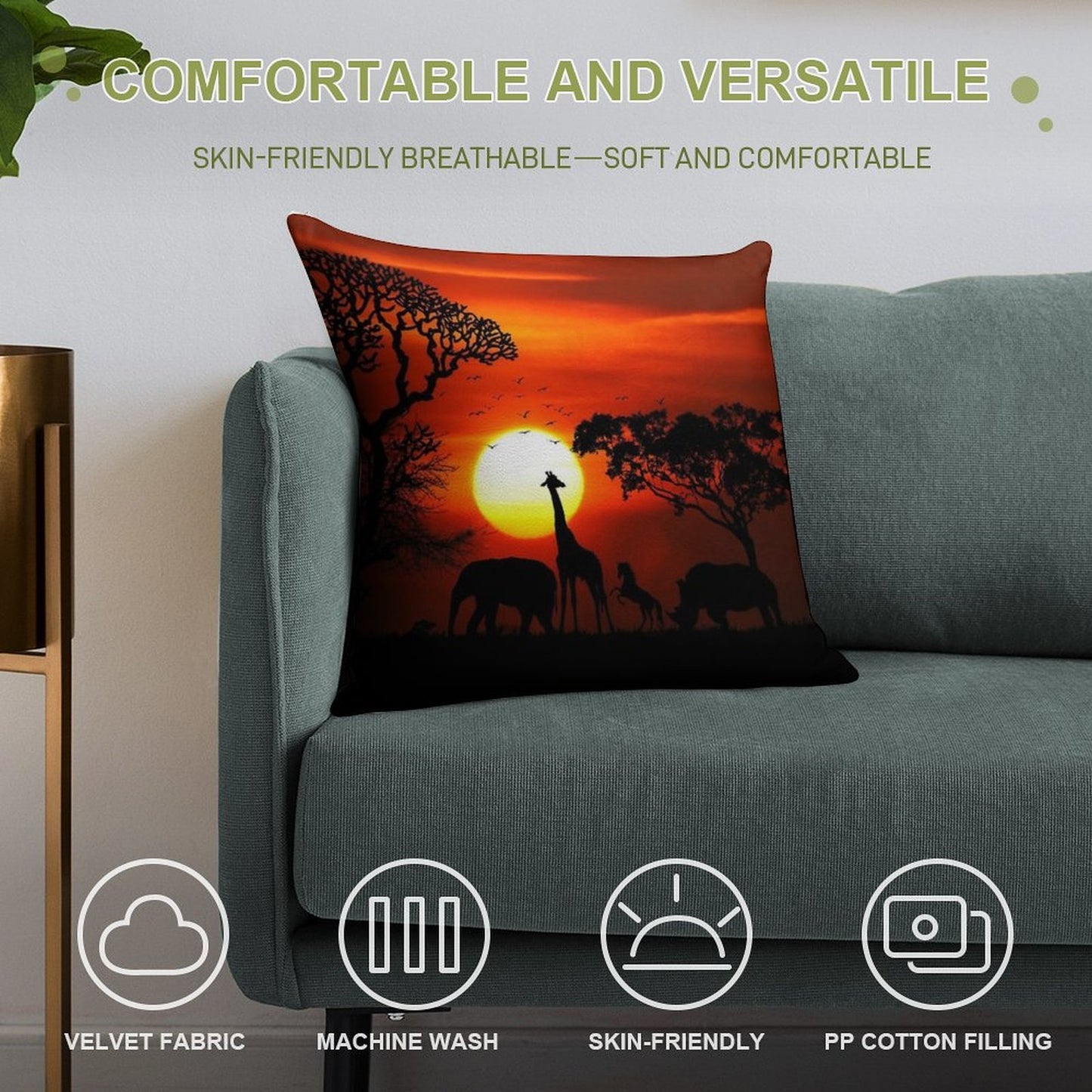 Wild Animals on African Savanna Sunset Soft Home Decor Throw Pillow