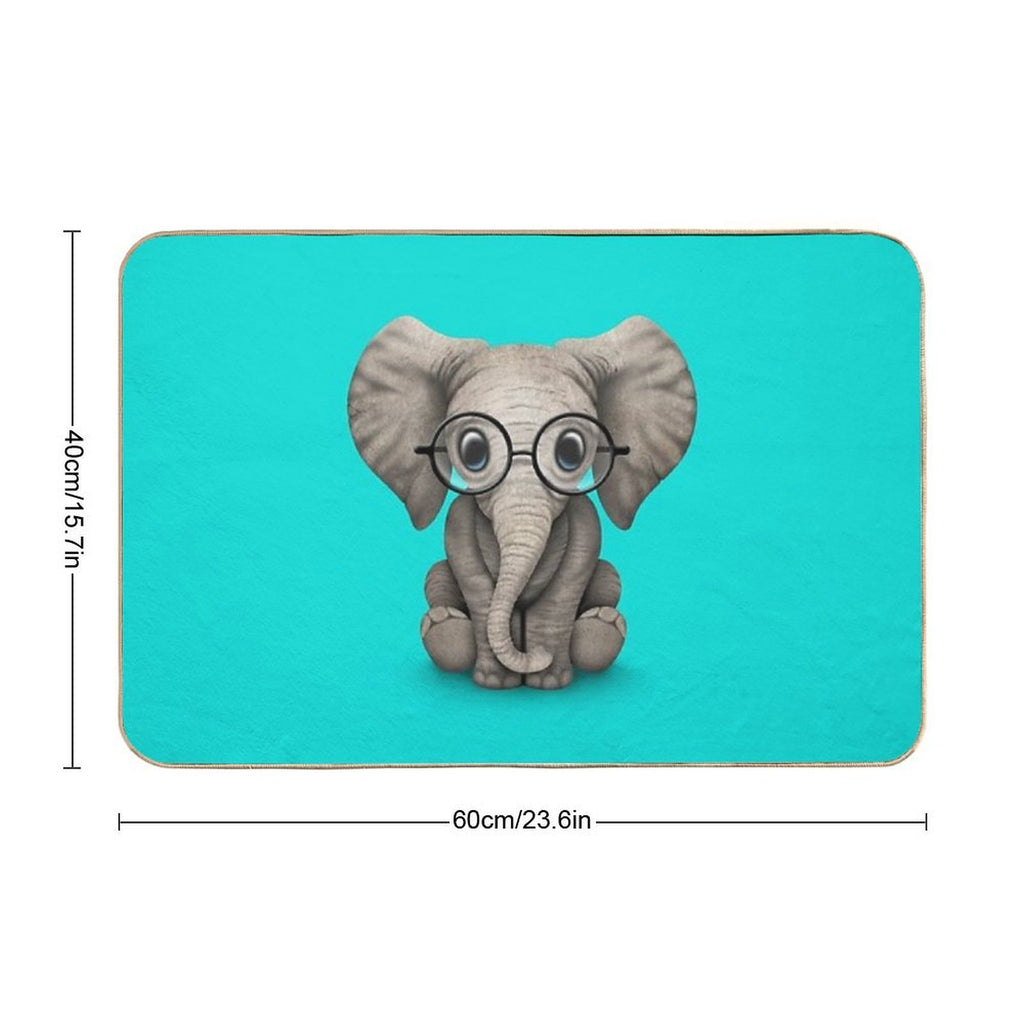 Cute Baby Elephant Calf with Reading Glasses on Blue  Dirt-Trapping Bath Mat