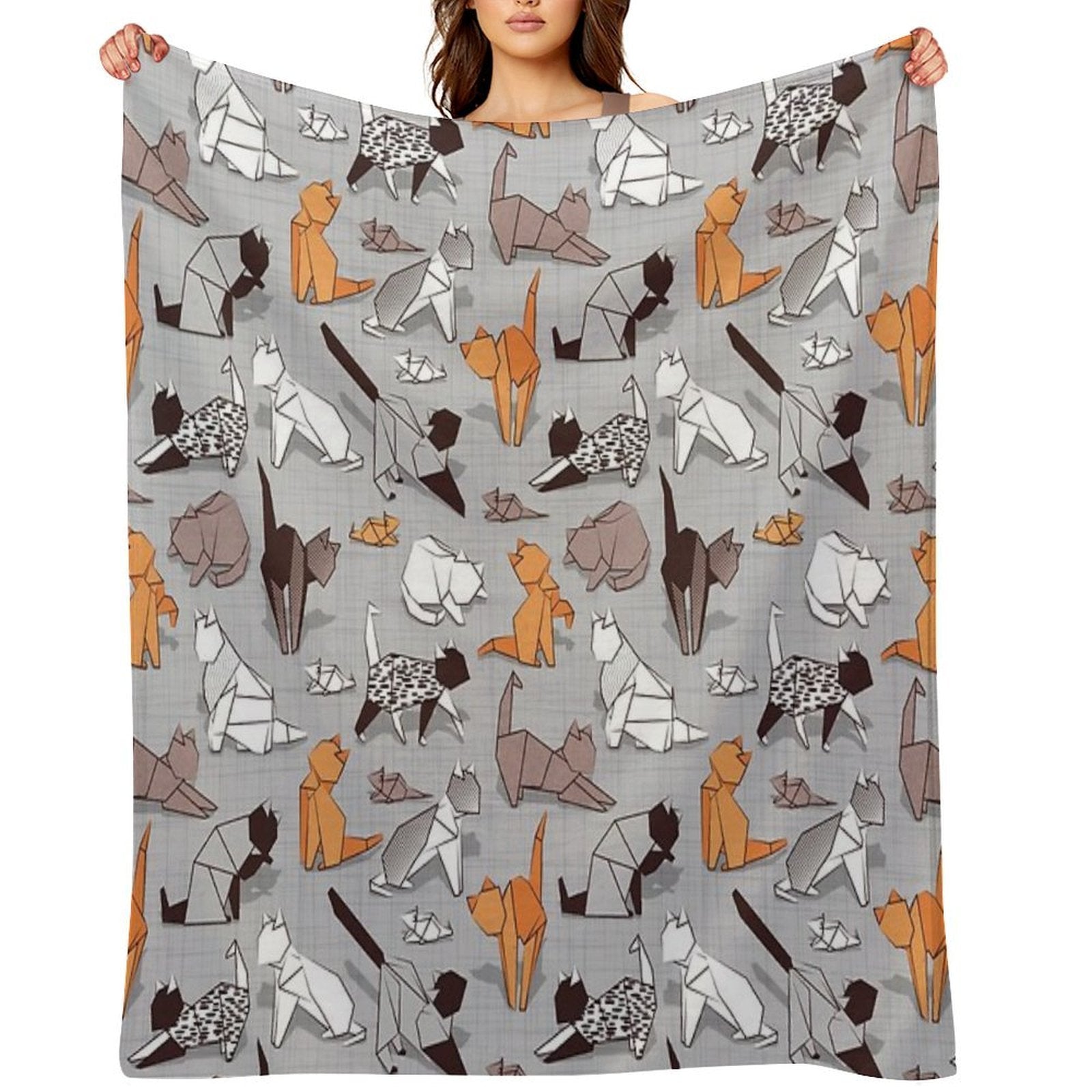 Origami Kitten Friends  Grey Linen Texture Background Paper Cats Sustainable Throw Blanket