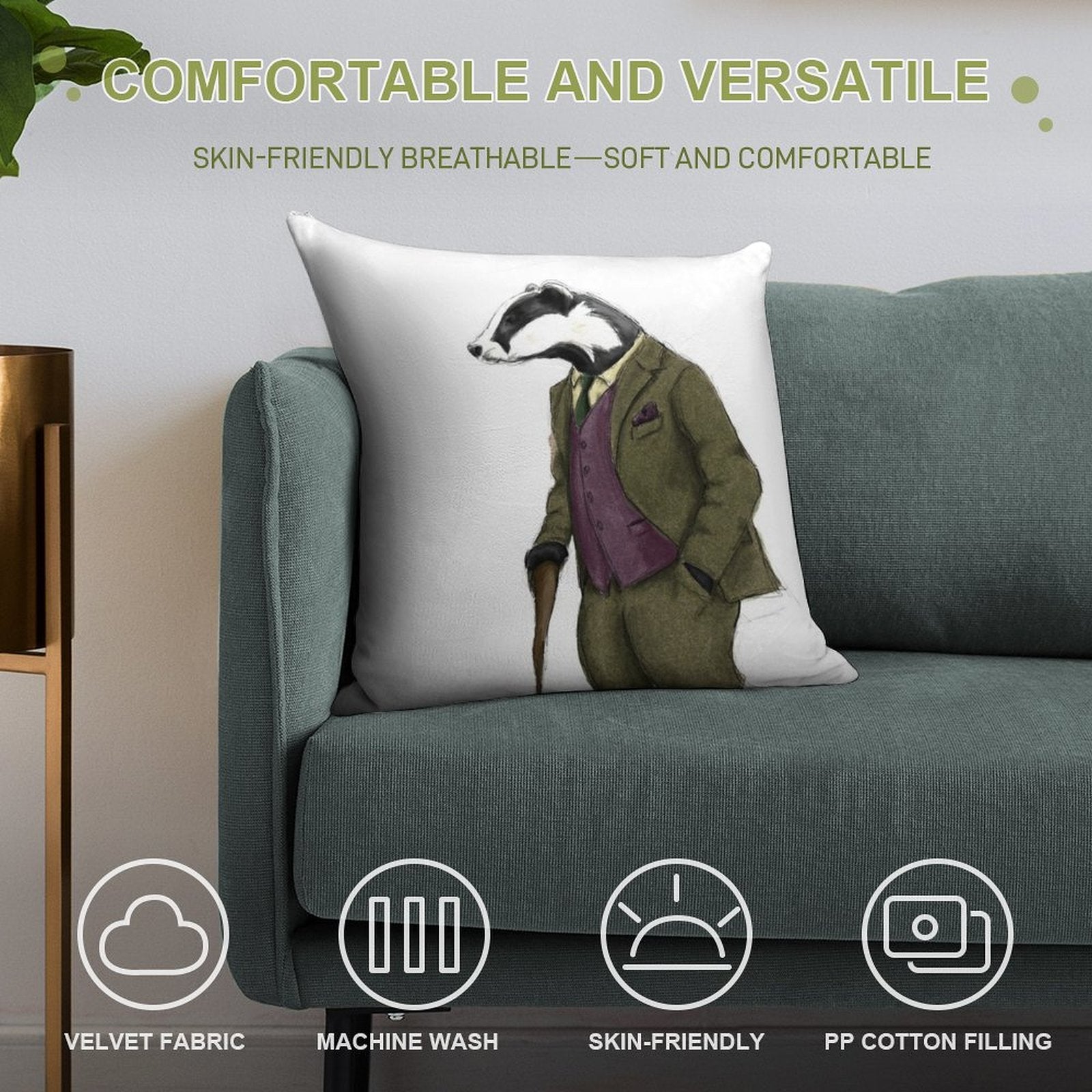 Badger Illustration Soft Hidden Zipper Throw Pillow