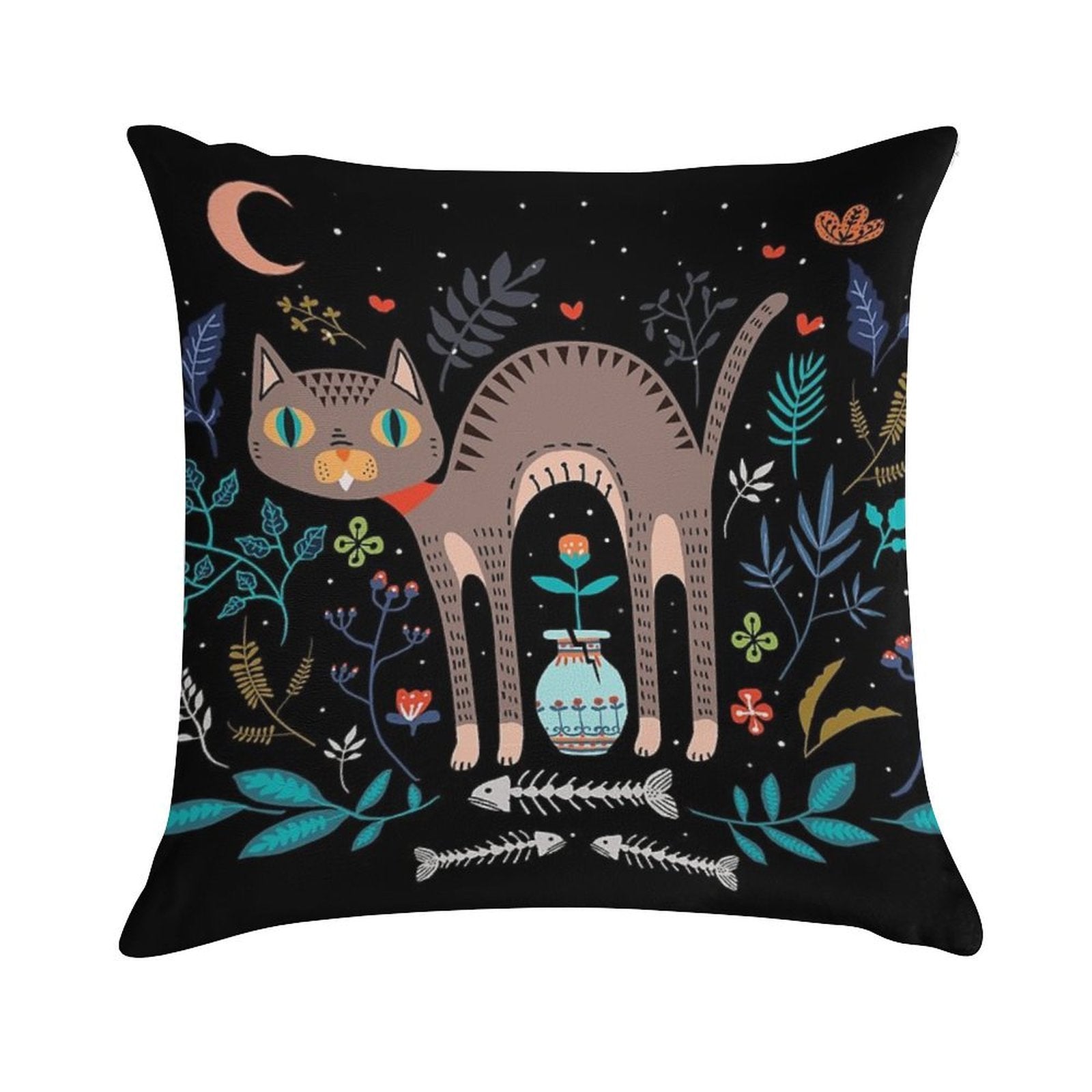 Floral And Cat at Night Soft Multiple Sizes Throw Pillow