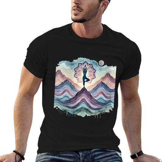 Womens Abstract Yoga Art, Tree Pose with Mandala Mountain Landscape  Breathable T-Shirt
