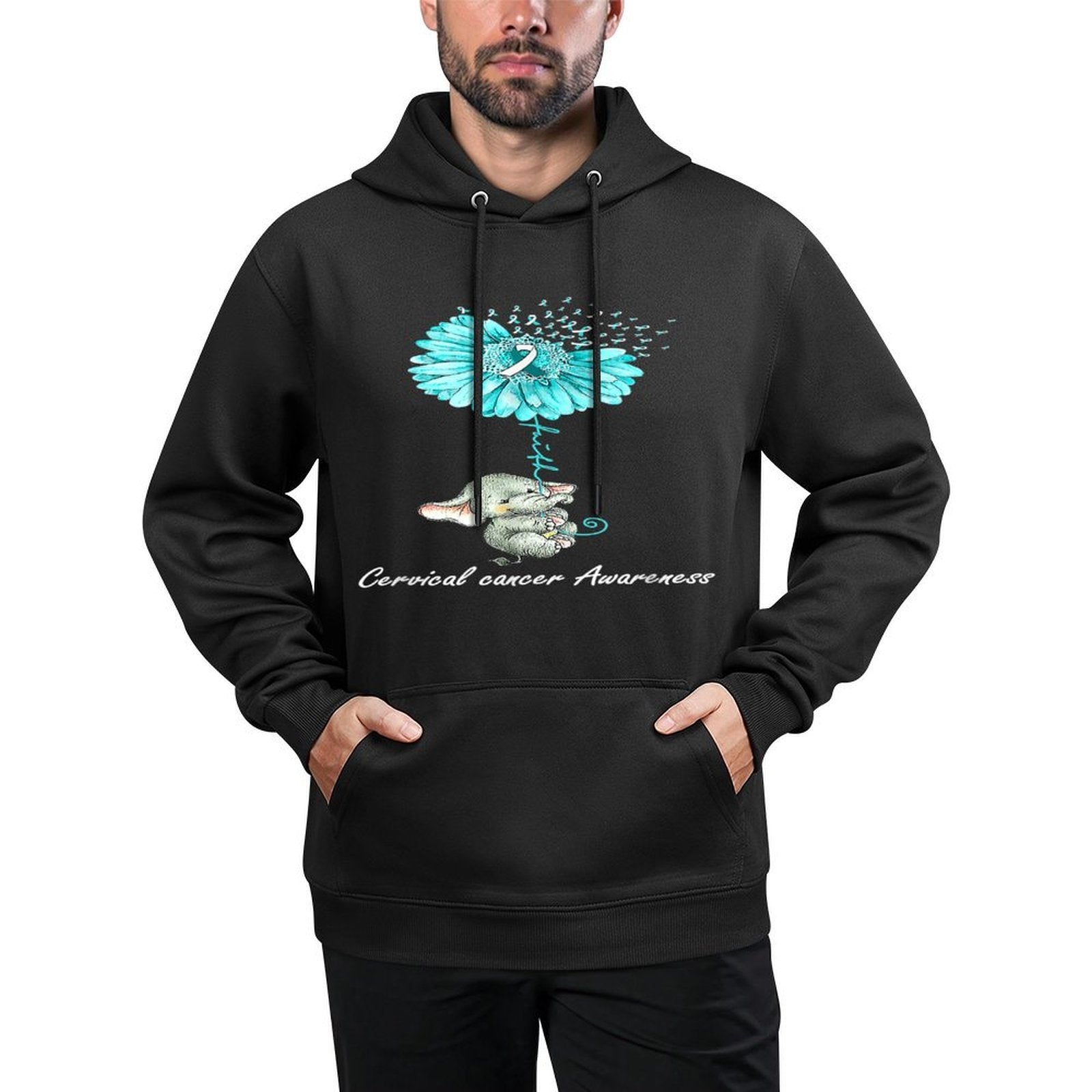 Teal Sunflower Elephant Cervical Cancer Awareness Gift Shrink-Resistant Hoodie