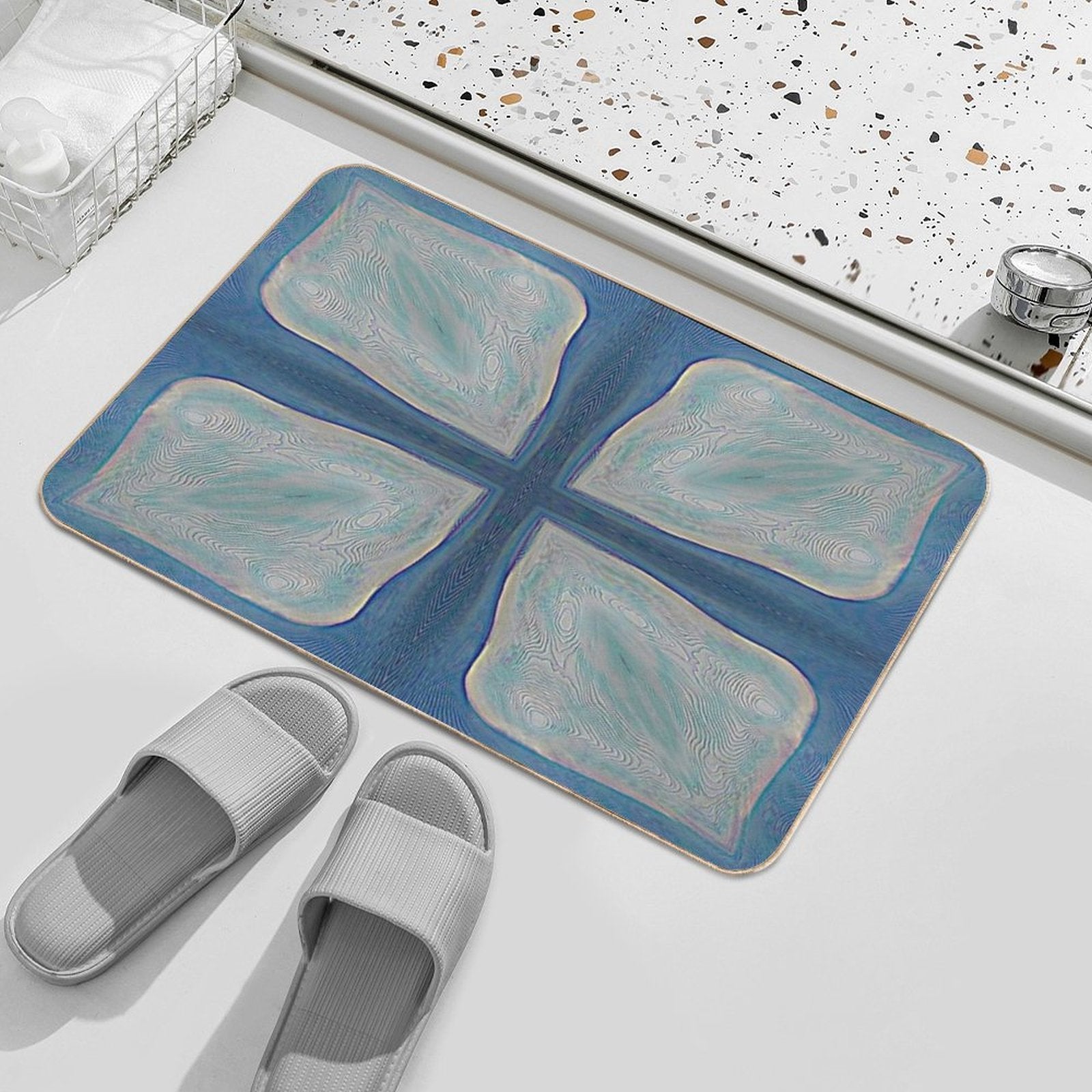 4 Bright Leaf Shapes, with Line Texture, Background Blue  Toxin-Free Bath Mat