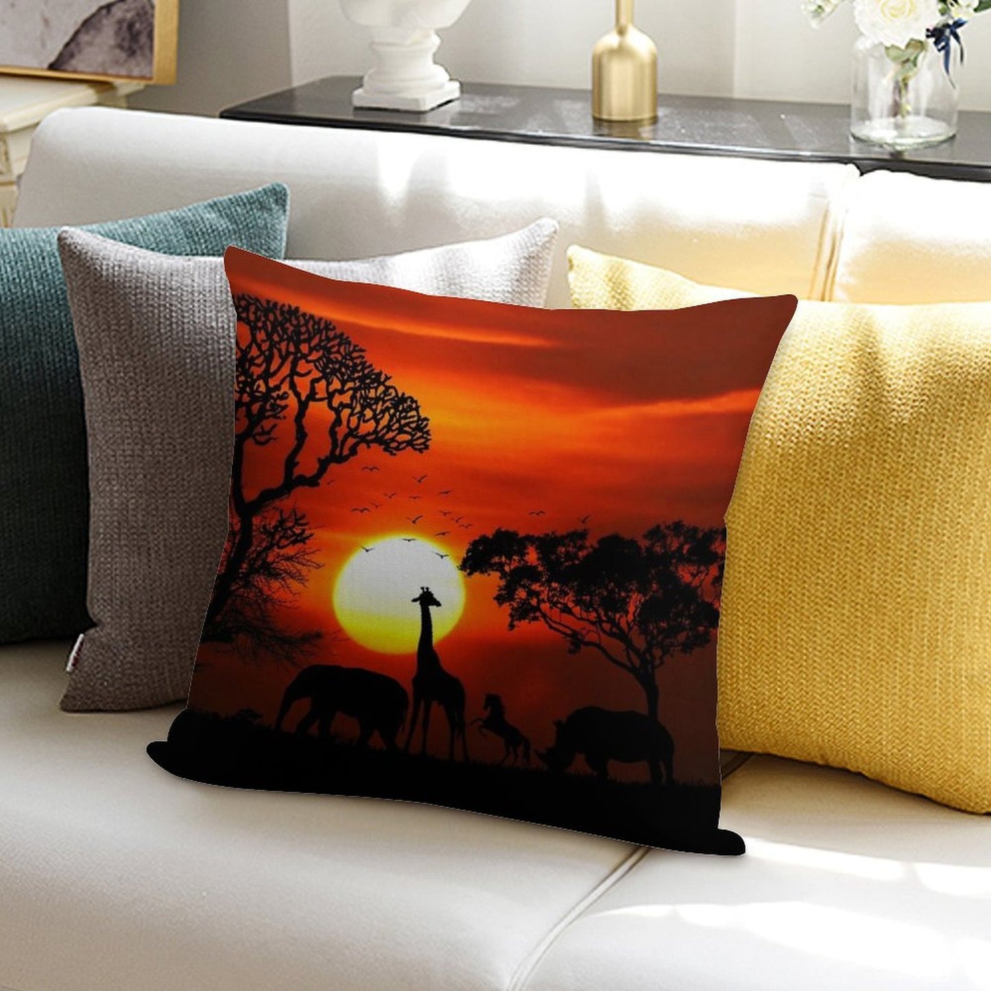 Wild Animals on African Savanna Sunset Soft Home Decor Throw Pillow