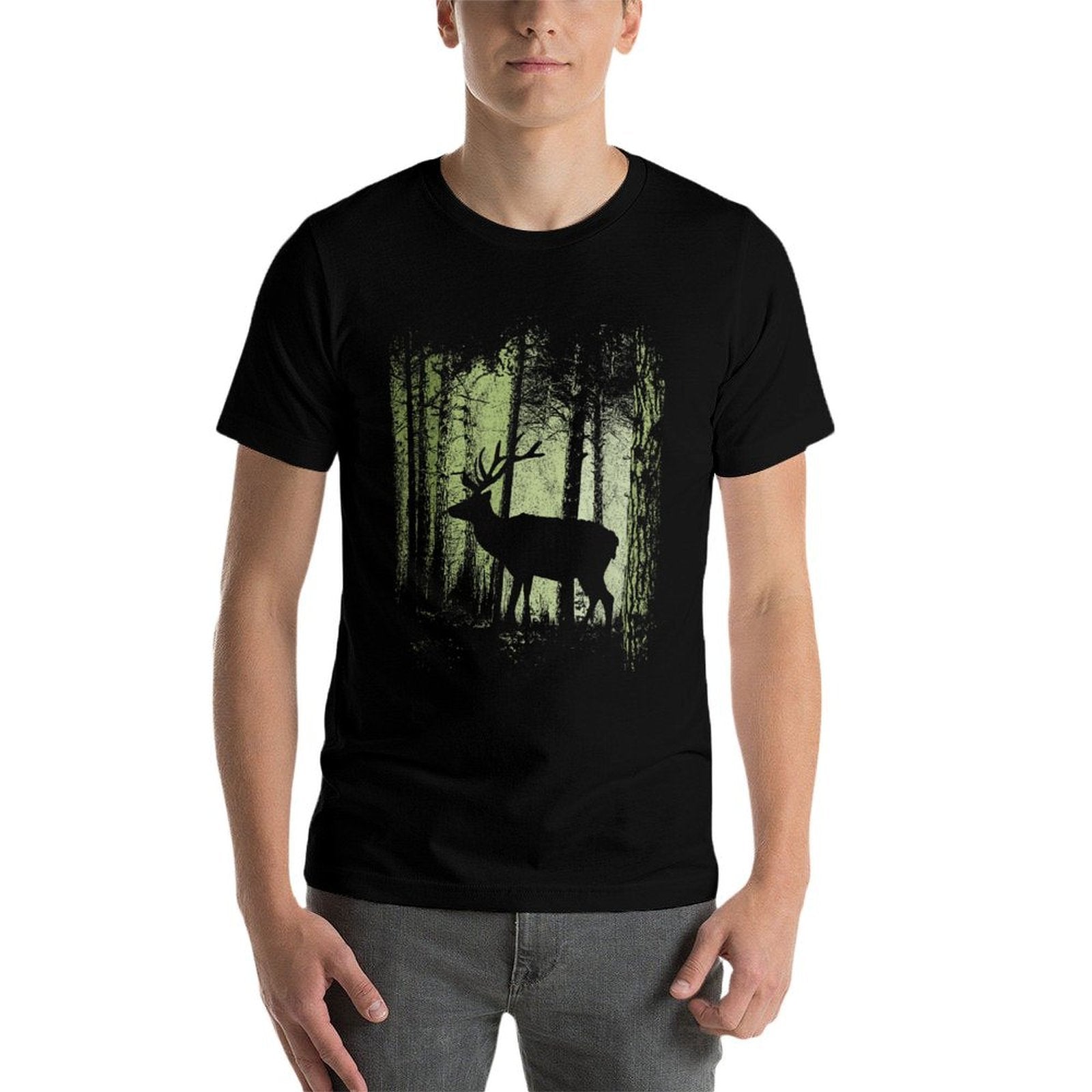 Twilight Forest Wildlife Deer Stag Silhouette  Rolled Sleeves T-Shirt