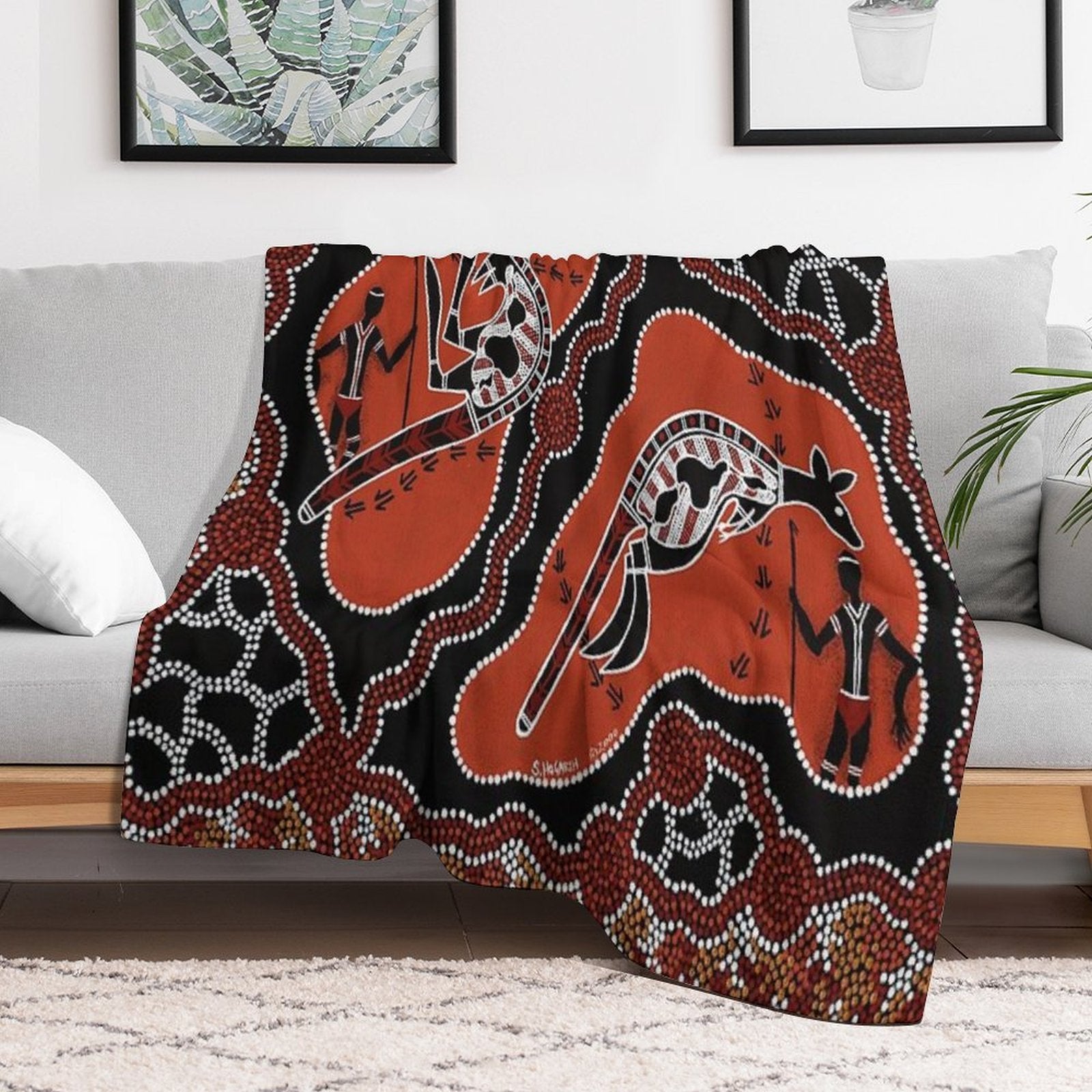 Authentic Aboriginal Art -  Men Kangaroo Hunting Easy Care Throw Blanket