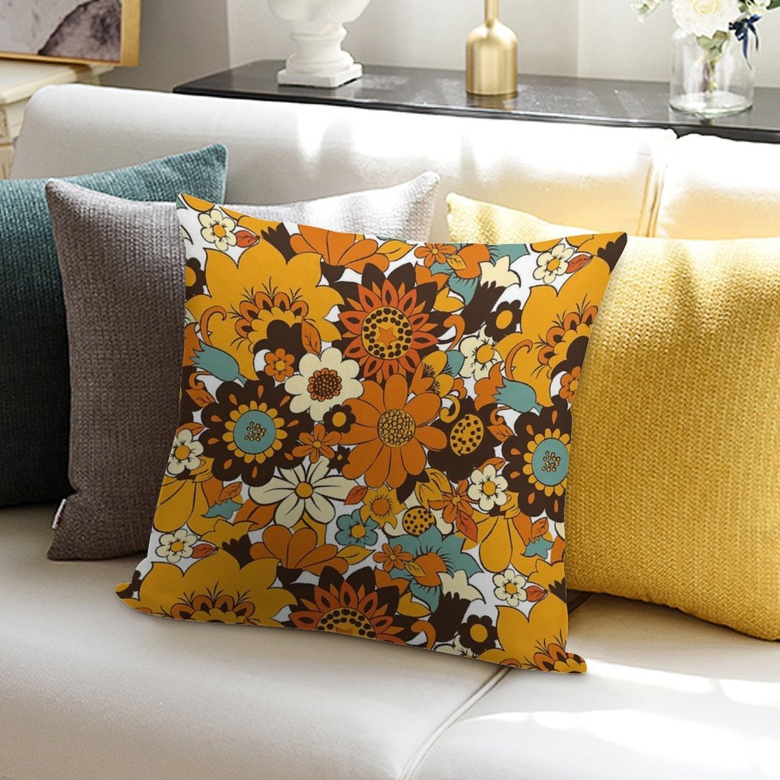 70s 60s Retro Flower Power, Floral Pattern Soft Easy Maintenance Throw Pillow