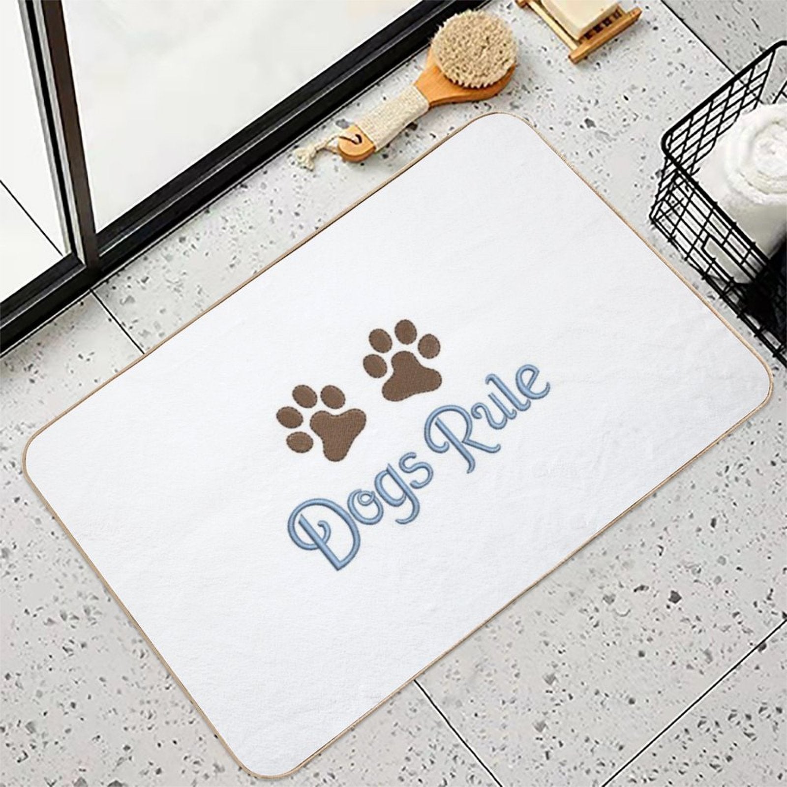 Dogs Rule Text Blue with Paw Prints  Anti-Trip Bath Mat