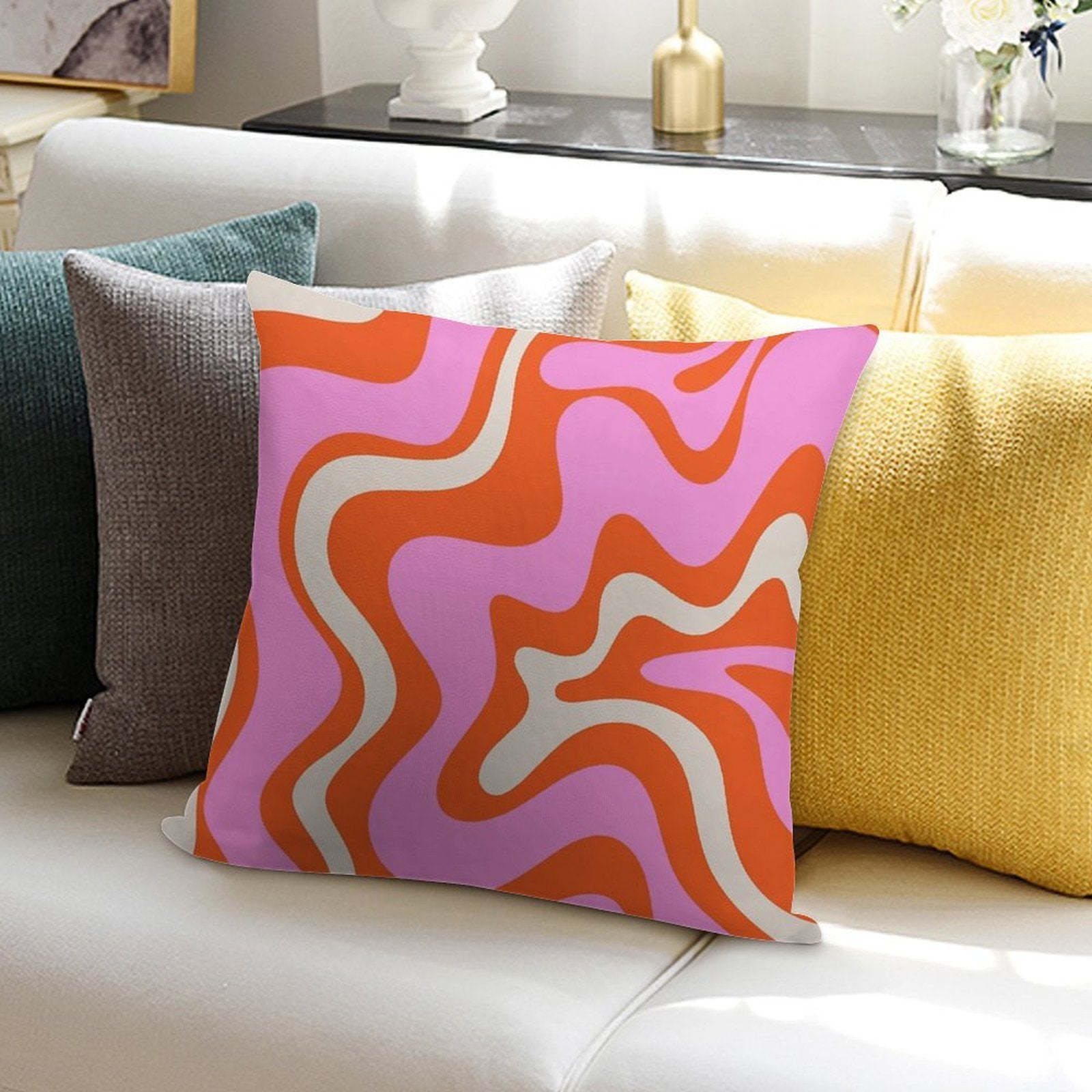 Retro Liquid Swirl Abstract Pattern Hot Pink Bright Orange Cream Soft Durable Construction Throw Pillow