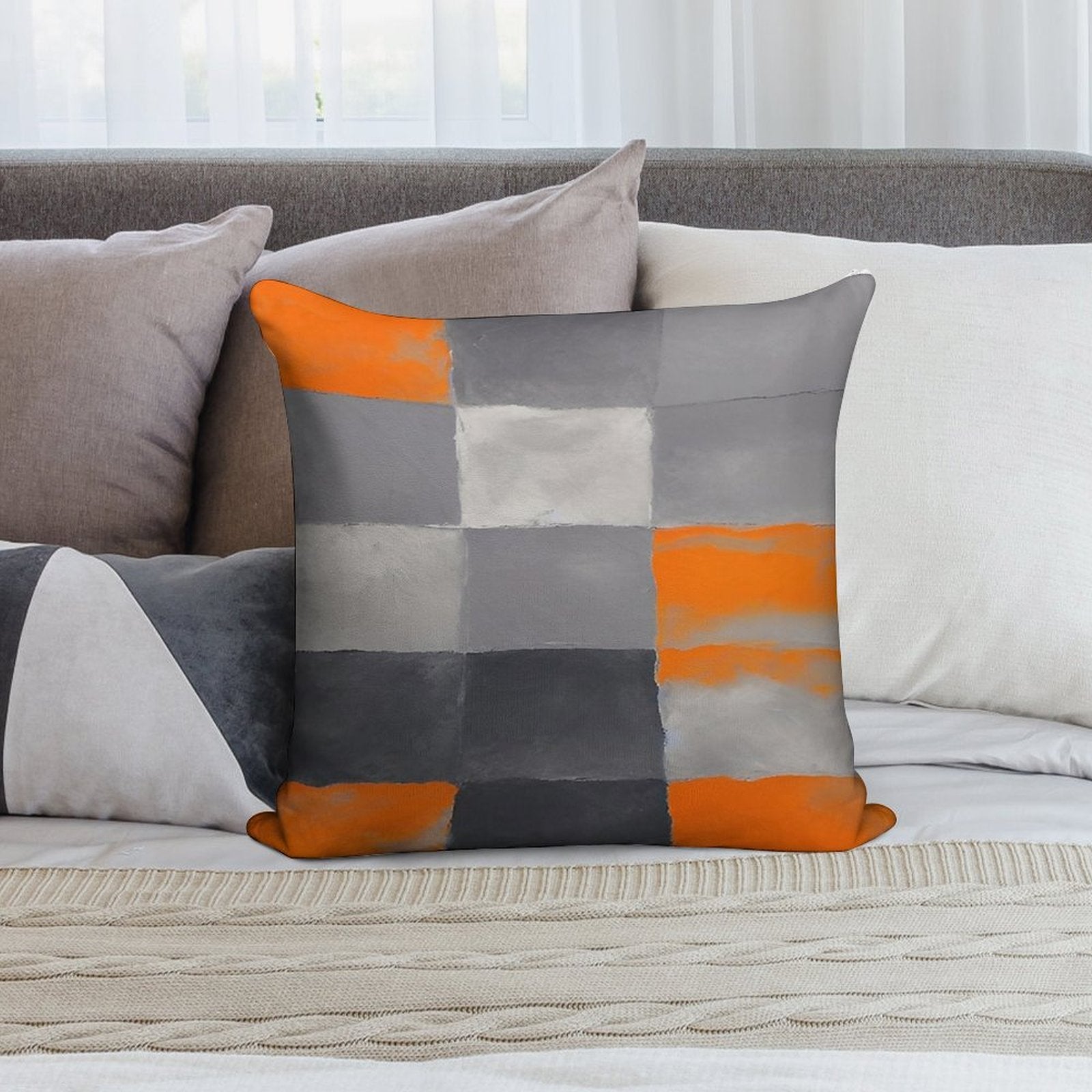 Orange Black And Gray Geometric Rectangular Plaid Soft Shrink-Resistant Throw Pillow