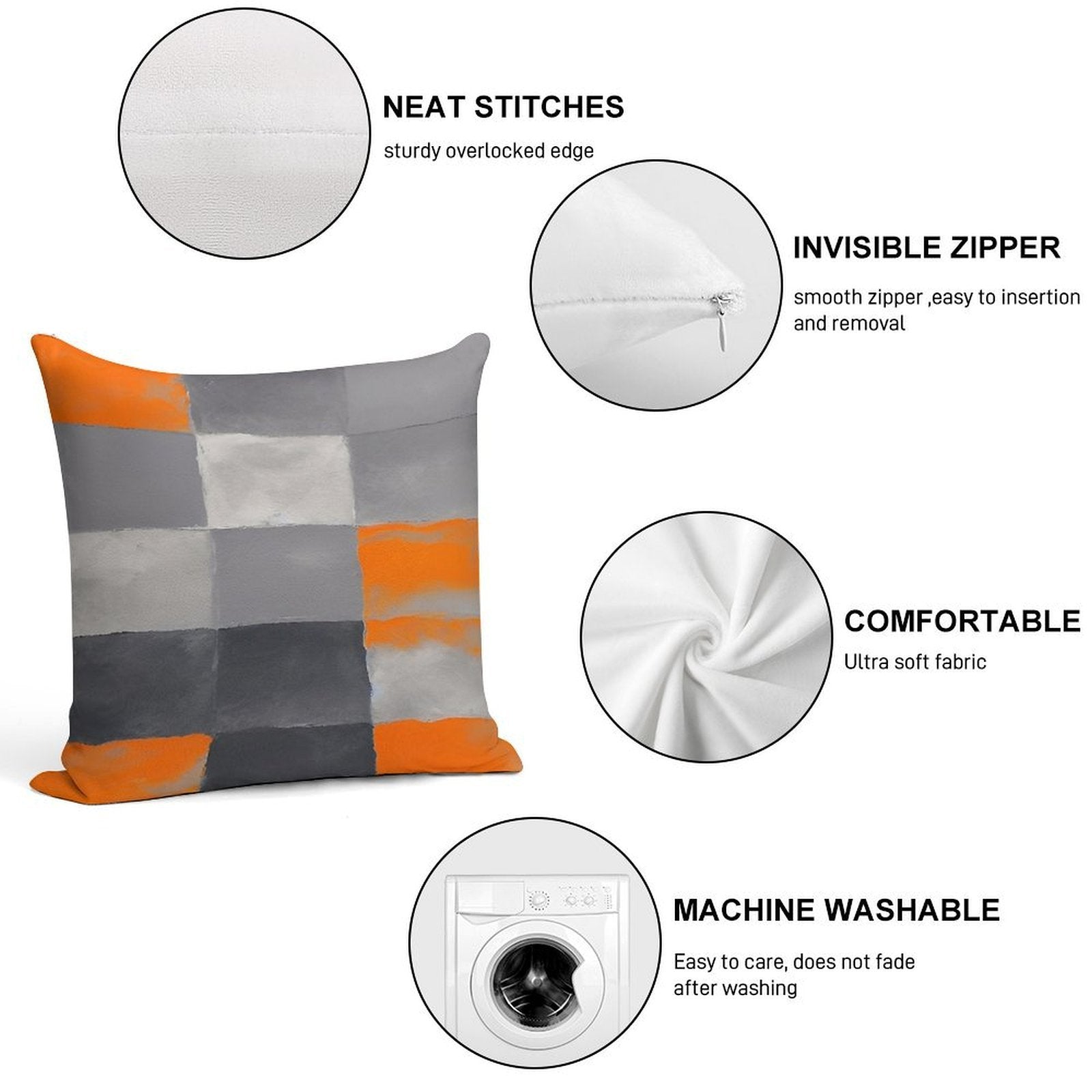 Orange Black And Gray Geometric Rectangular Plaid Soft Shrink-Resistant Throw Pillow