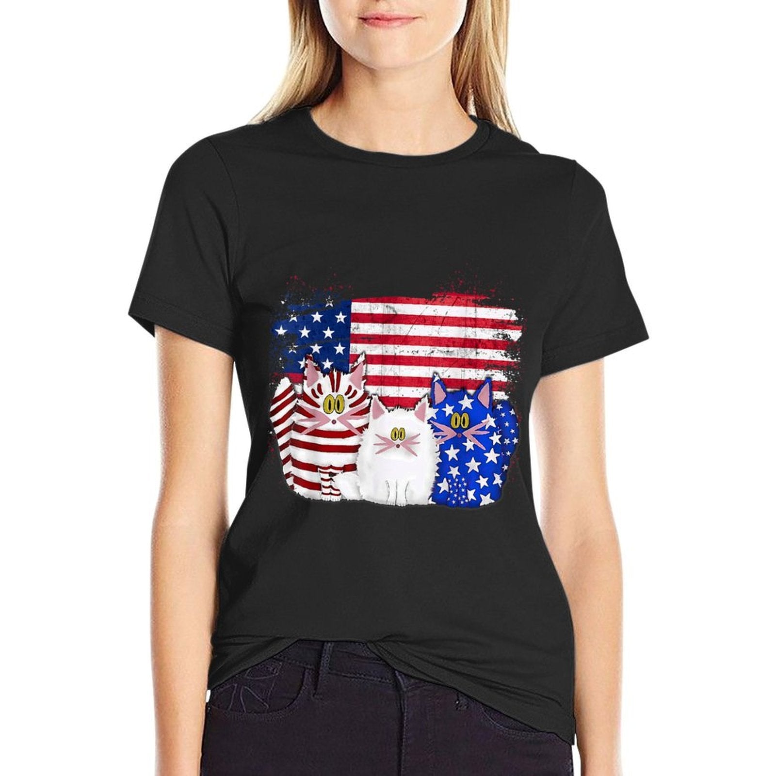 Red White Blue Cats USA Firework 4th Of July  Rolled Sleeves T-Shirt