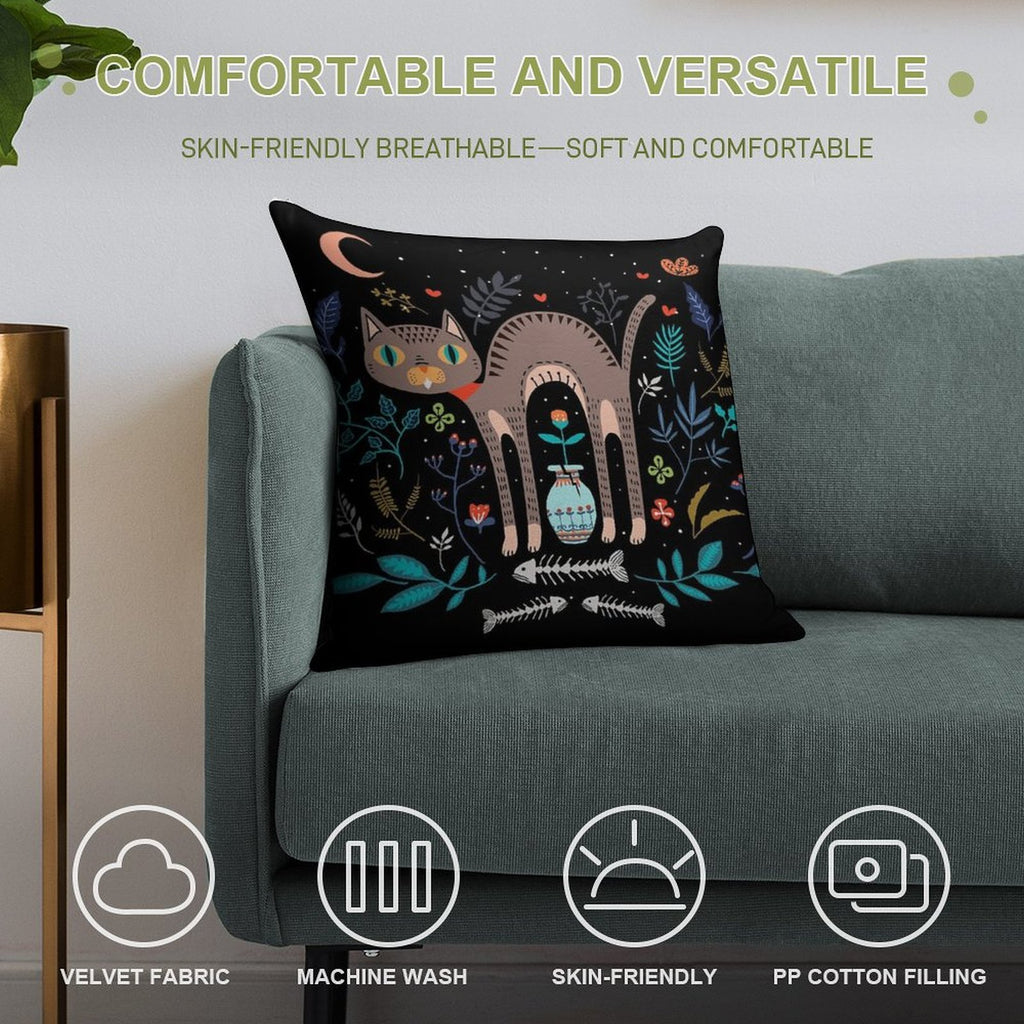 Floral And Cat at Night Soft Multiple Sizes Throw Pillow