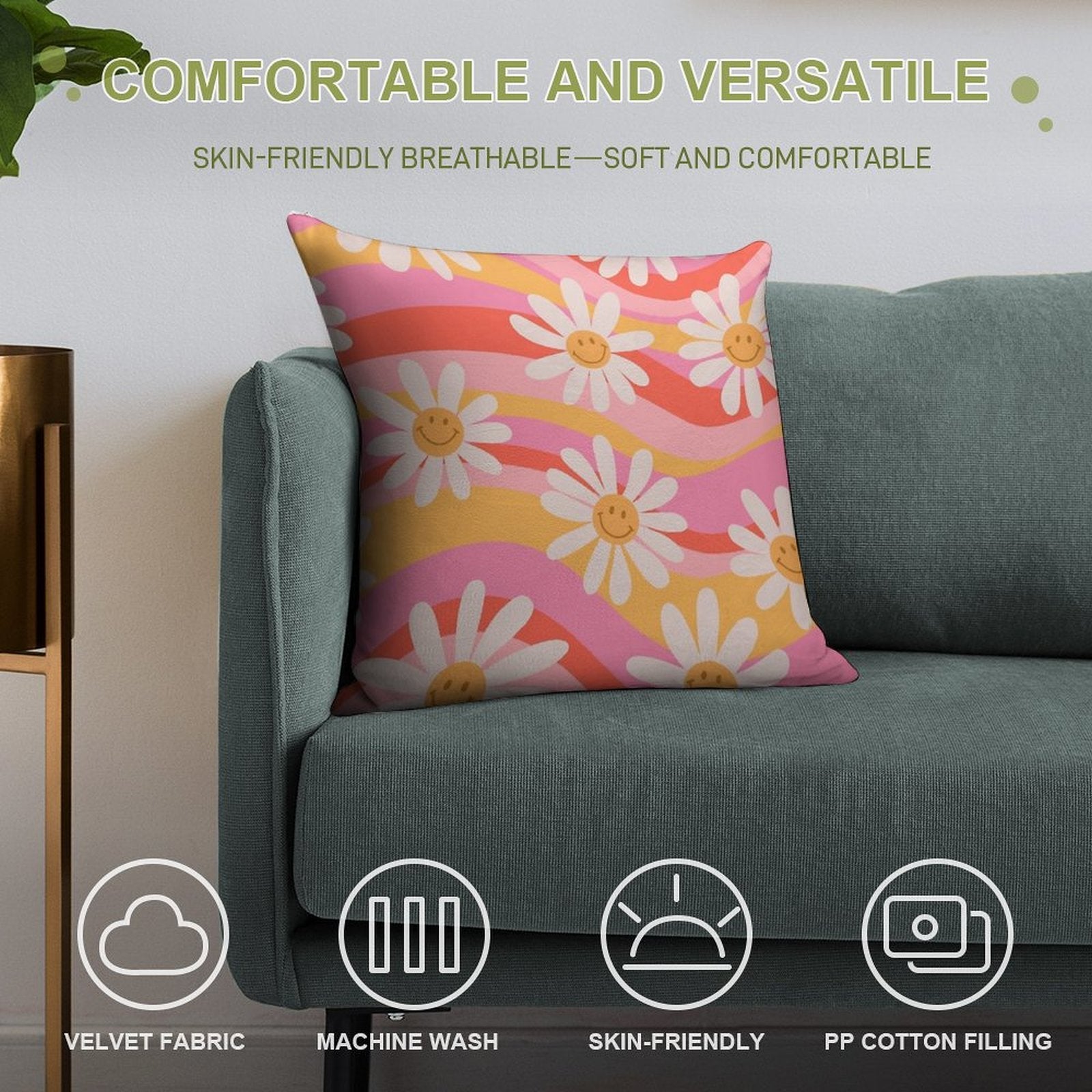 Wavy Daisies Soft Shrink-Resistant Throw Pillow