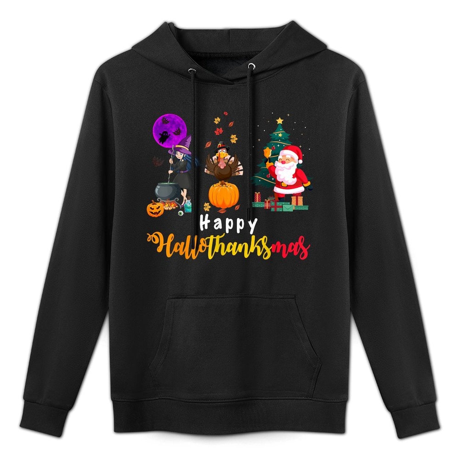 Happy Hallothanksmas Halloween Thanksgiving Merry Christmas Adjustable Hood Hoodie