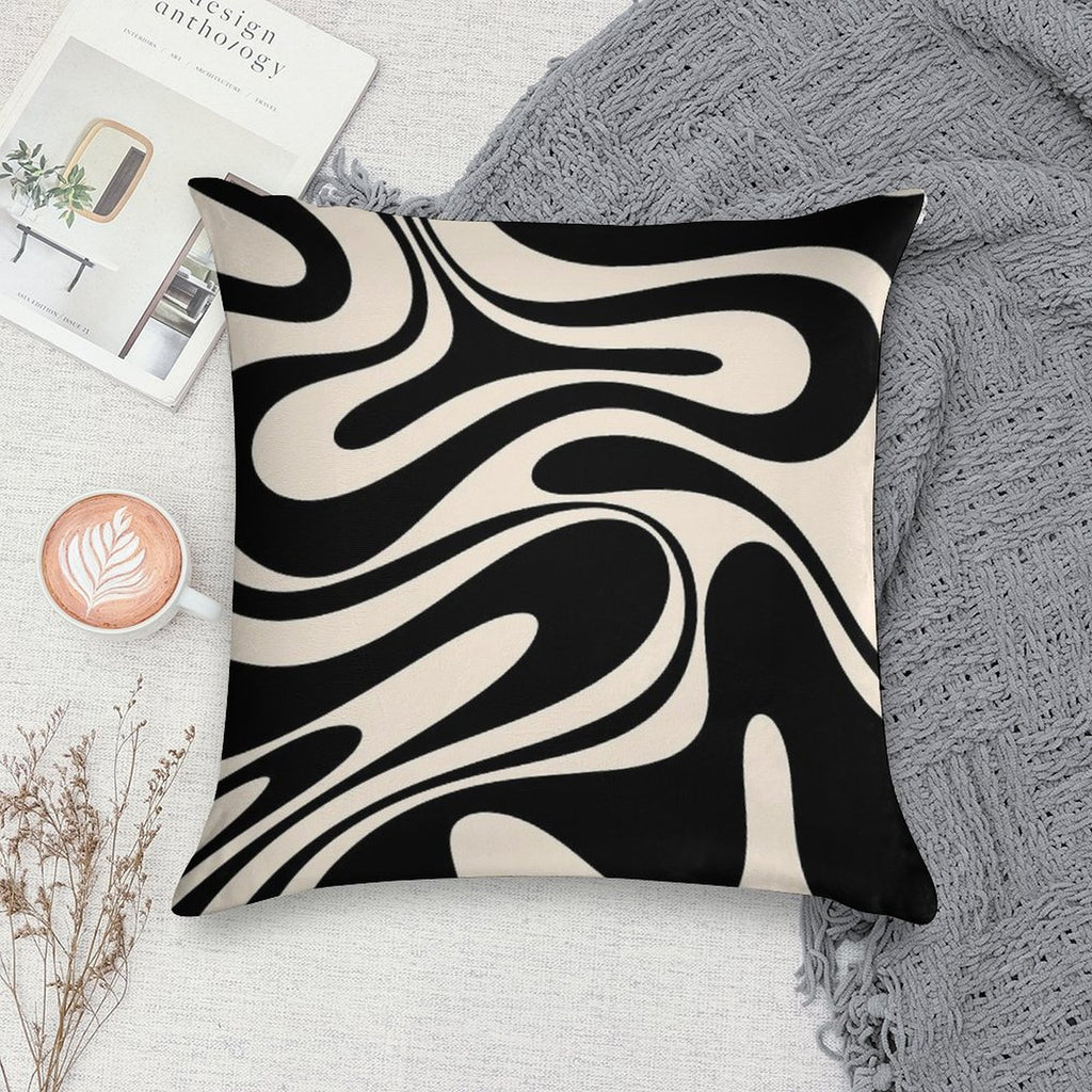 Retro Fantasy Swirl Abstract in Black And Almond Cream Soft Fade-Resistant Throw Pillow