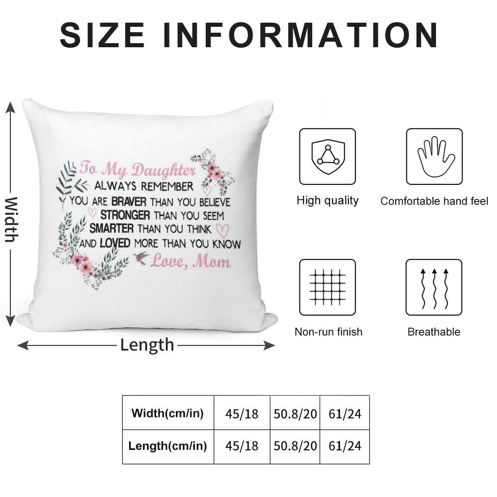 Gifts for Daughter From Mom, Daughters Birthday Gift, Heart with Inspirational Words, to My  Daughter, Body Burlap Throw Pillow Soft Anti-Pilling Throw Pillow