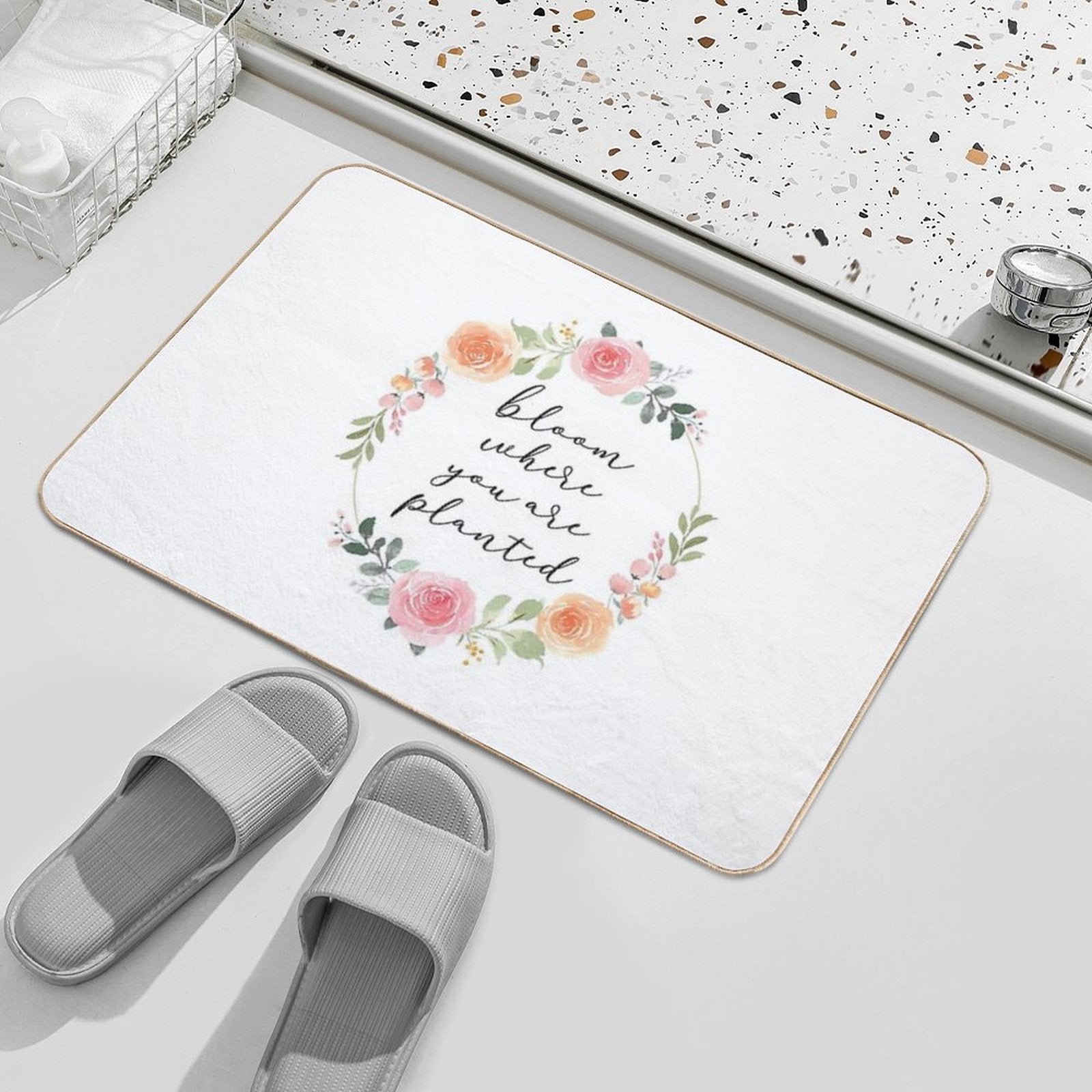 Bloom Where You Are Planted – Rose Watercolour Wreath Quote  Non-Slip Bath Mat