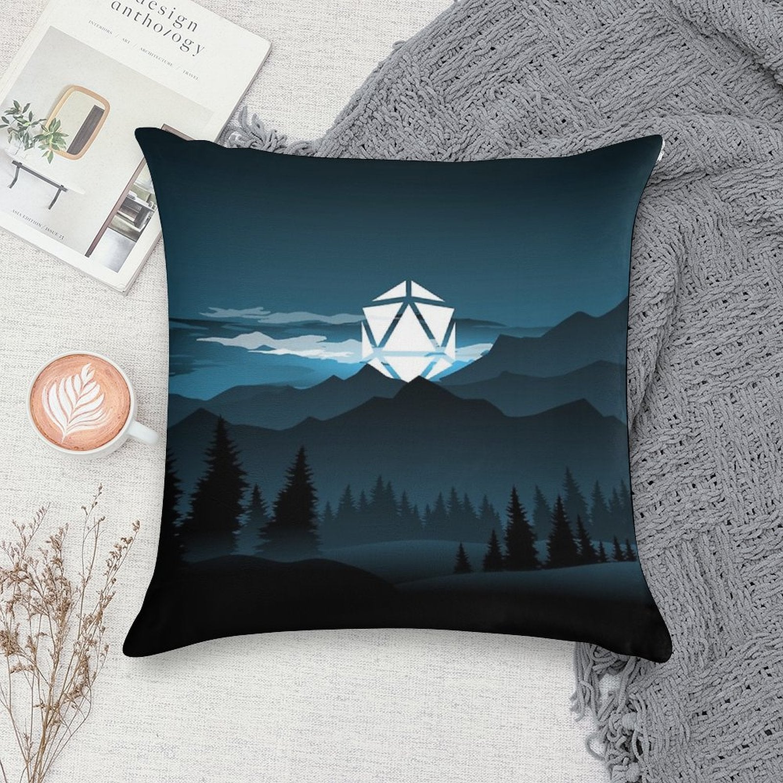 Mountain Full Moon D20 Dice Tabletop RPG Maps And Landscapes Soft Short Plush Fabric Throw Pillow