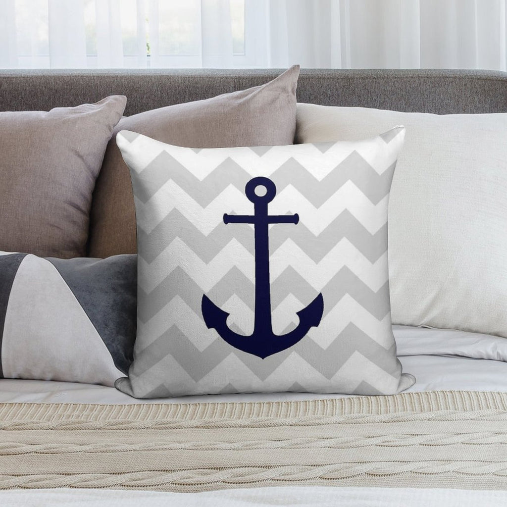 Nautical Navy Blue Anchor On Gray Chevron Soft Durable Construction Throw Pillow