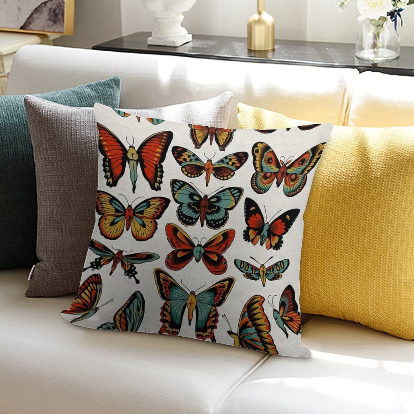 Butterflies Traditional Tattoo Flash Soft Fade-Resistant Throw Pillow