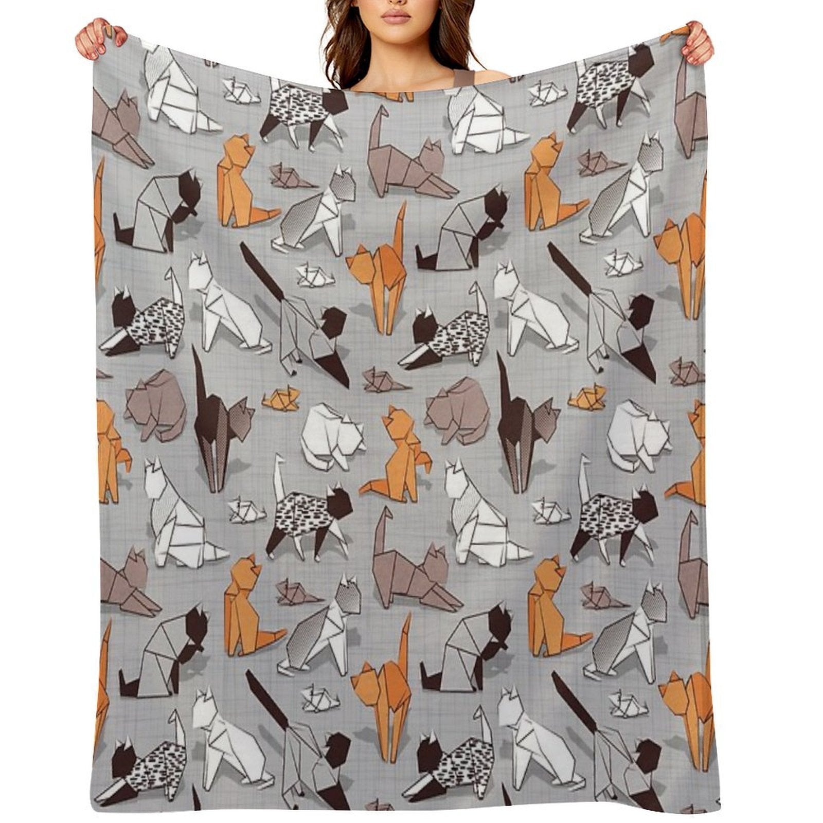 Origami Kitten Friends  Grey Linen Texture Background Paper Cats Sustainable Throw Blanket