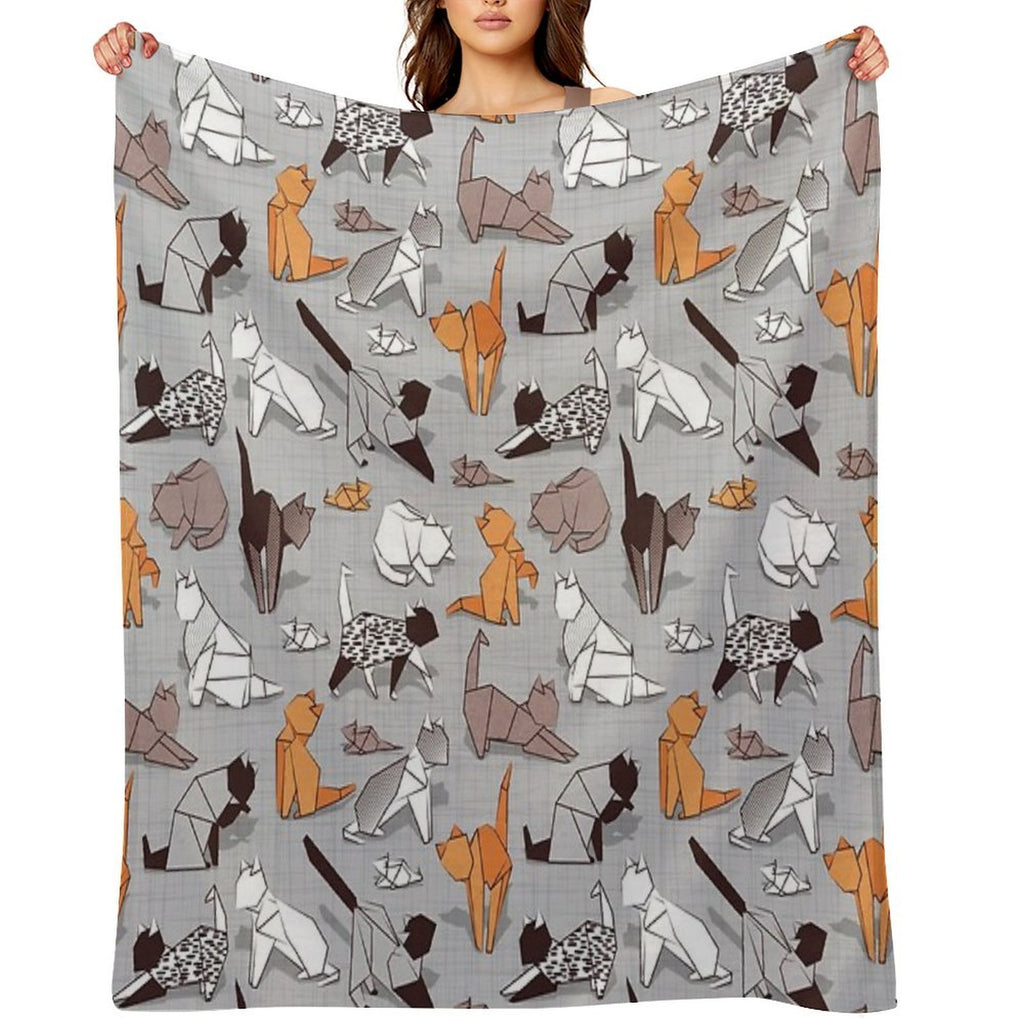 Origami Kitten Friends  Grey Linen Texture Background Paper Cats Sustainable Throw Blanket
