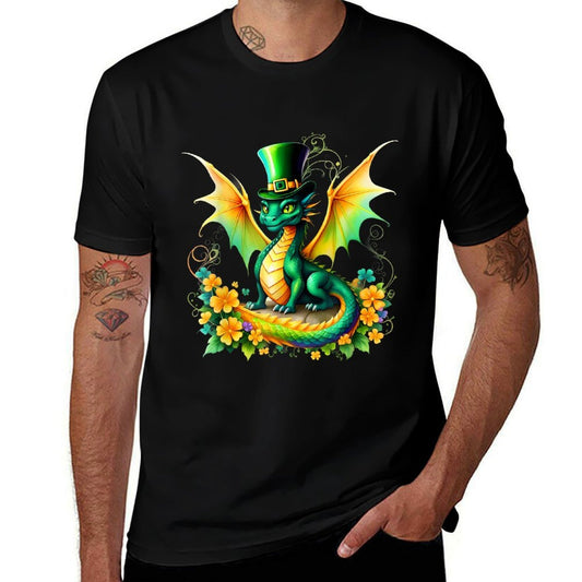 St. Patricks Day Dragon Shamrock Hat Fantasy Art  Ribbed Collar T-Shirt