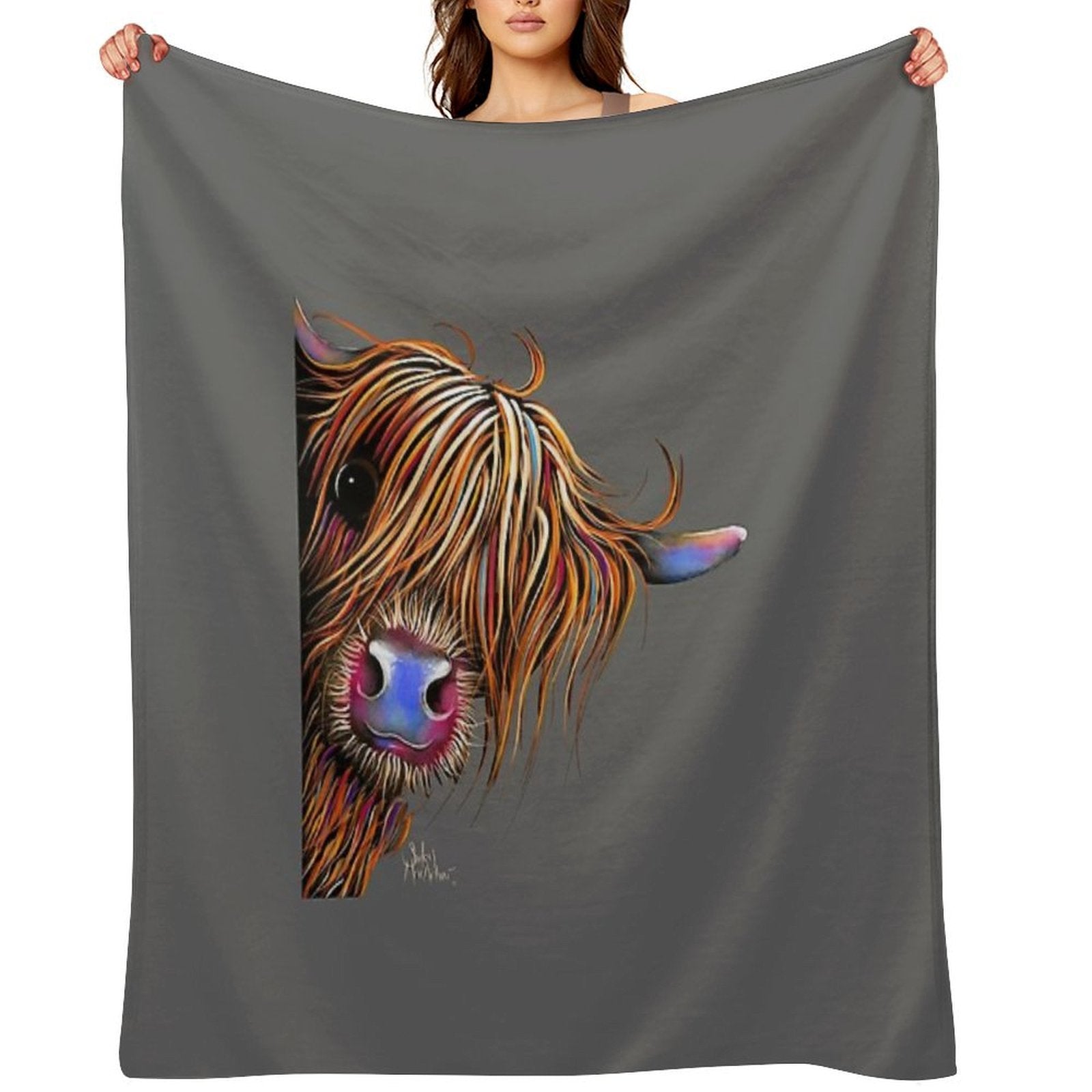 HiGHLaND CoW PRiNT SCoTTiSH ' SuGaR LuMP ON GReY ‘ BY SHiRLeY MacARTHuR Gift-ready Throw Blanket