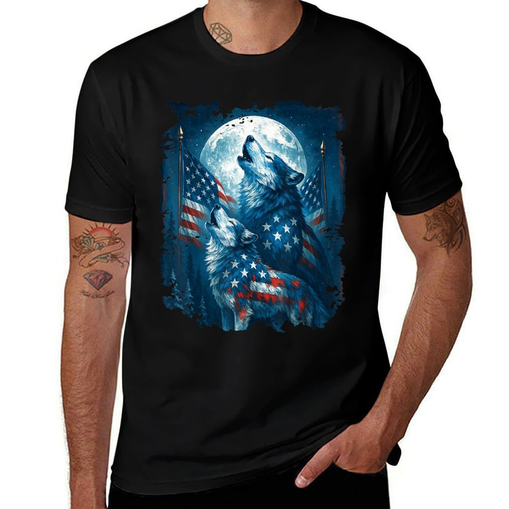 4th of July American Wolf Howling Moon Wolves July 4th  Tagless Design T-Shirt