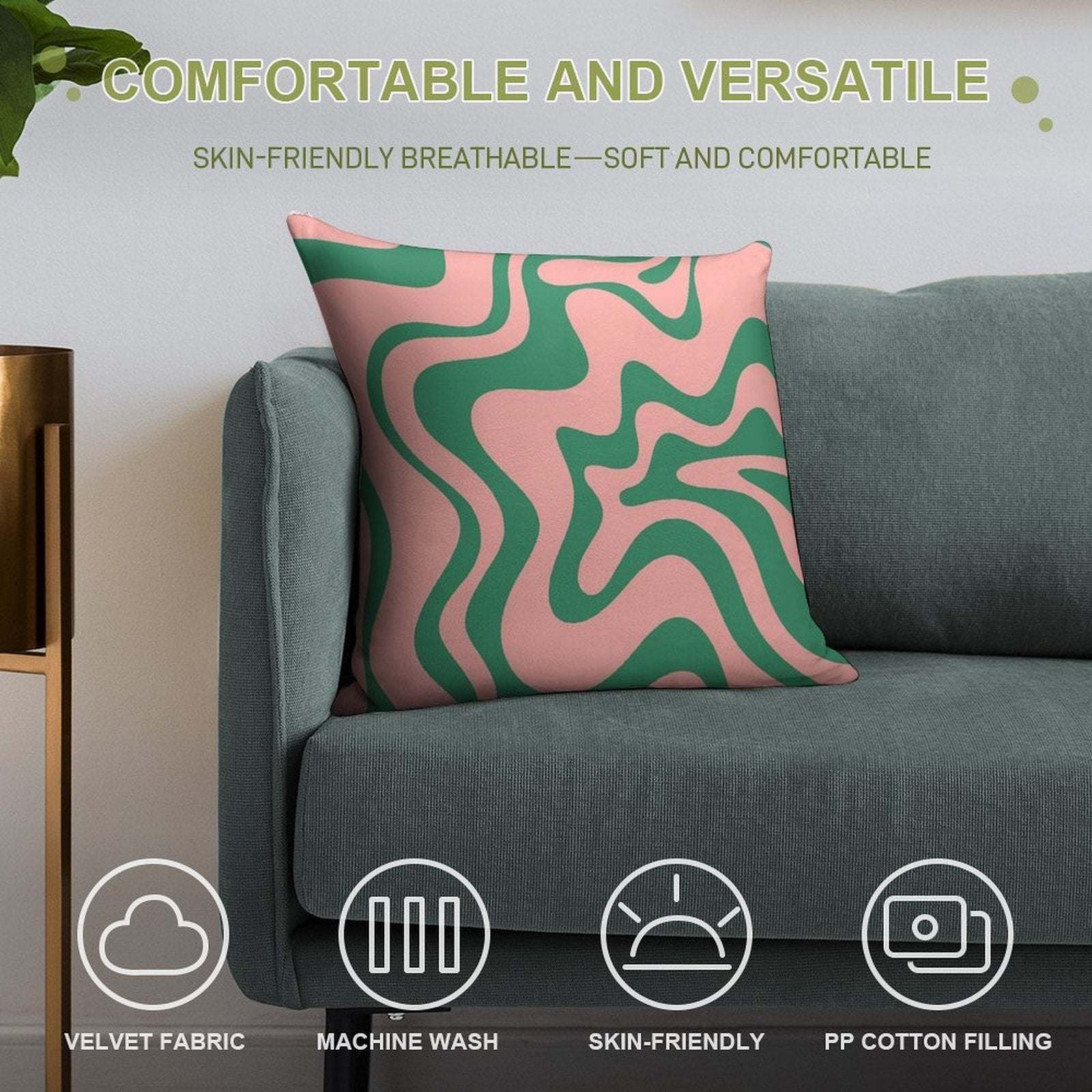 Liquid Swirl Contemporary Abstract Pattern in Pink And Green Soft Bedroom Essential Throw Pillow