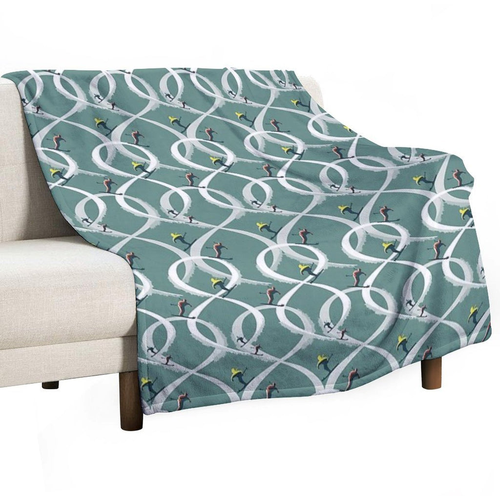 Mid Century Figure 8 Skiers in Retro Style on Teal Shrink-resistant Throw Blanket